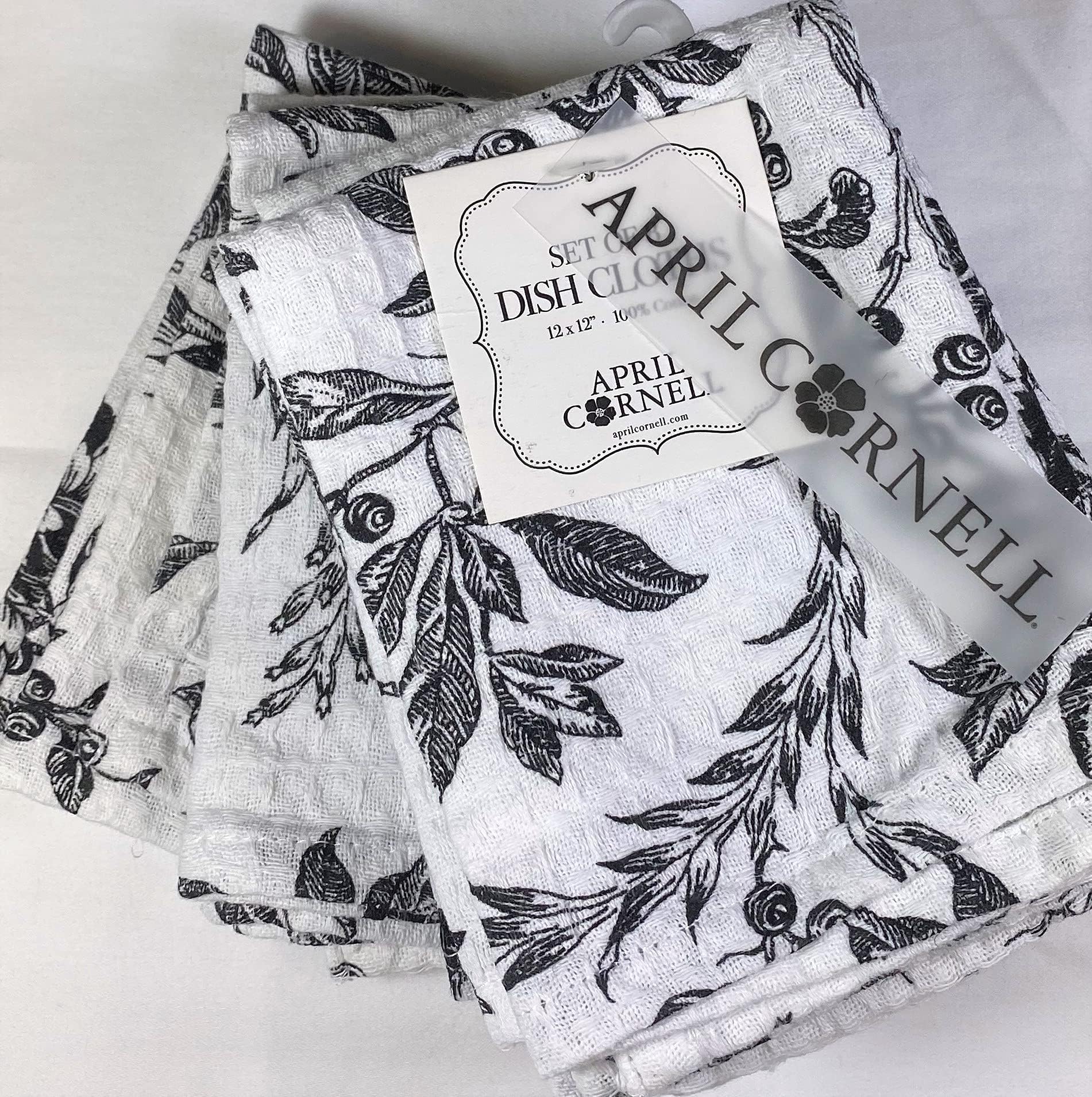 April Cornell 8 Piece Set of Felicity Dish Cloths Black and White Floral Cotton, 12 x 12 in.