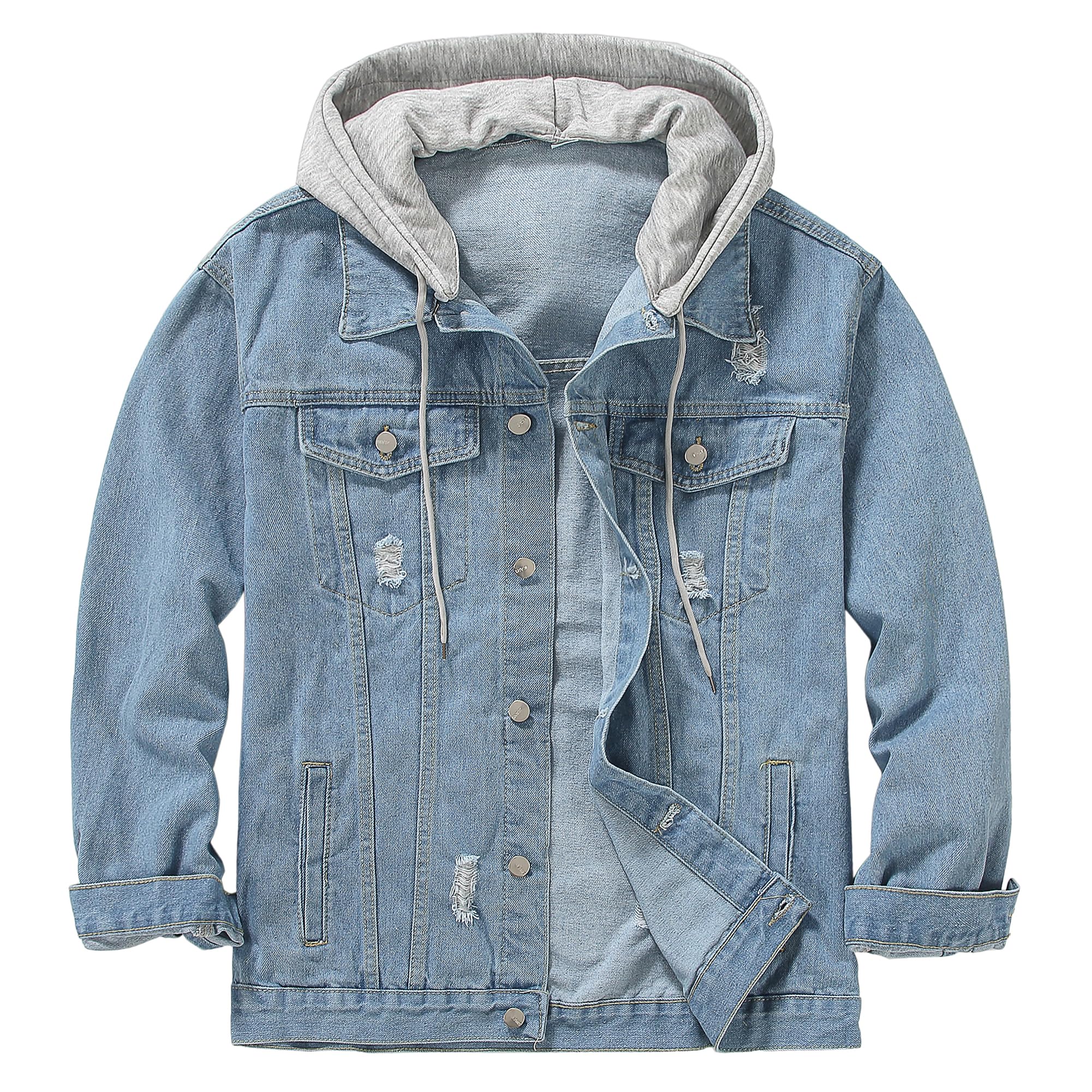 DOSLAVIDA Men's Distressed Denim Jacket Unisex Button Down Jean Coat Casual Long Sleeve Trucker Hooded Jackets Outwear