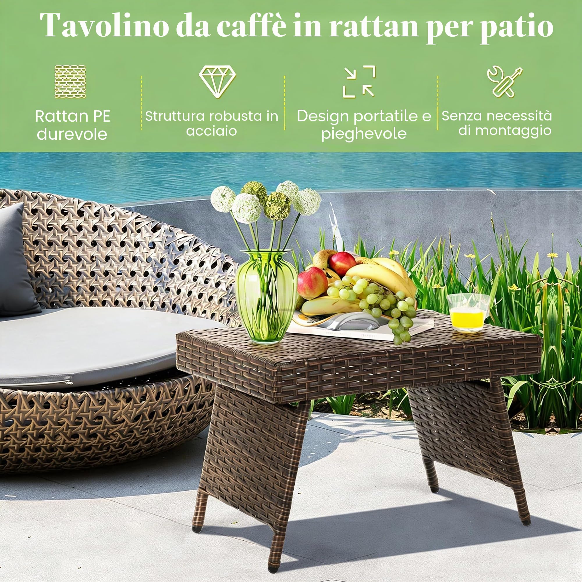 LIFEZEAL Tavolino da caffé, in Rattan PE, Tavolino per Salotto da Giardino Esterno, 60 x 40 x 40 cm, Tavolo Piccolo e Pieghevole, mobili Salvaspazio portile, per Terrazza Balcone e Patio, Marrone