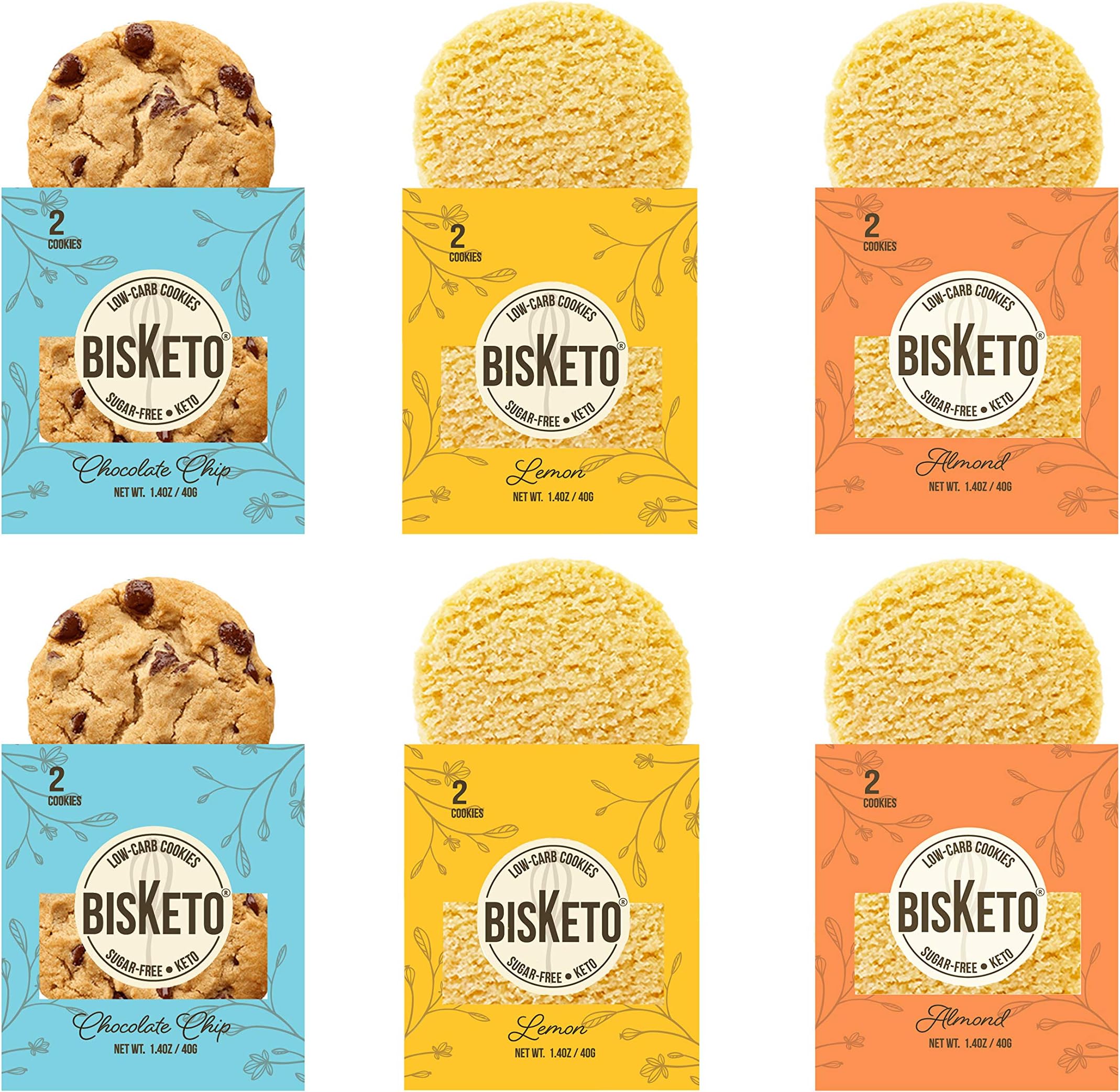 Low Carb Cookies BisKeto - Keto Snacks, Low Net Carbs, No Sugar, Gluten & Grain Free - Box with 6 Packs,12 Cookies (Variety Joy) - Ketogenic Diet Friendly & Healthy Snack Food