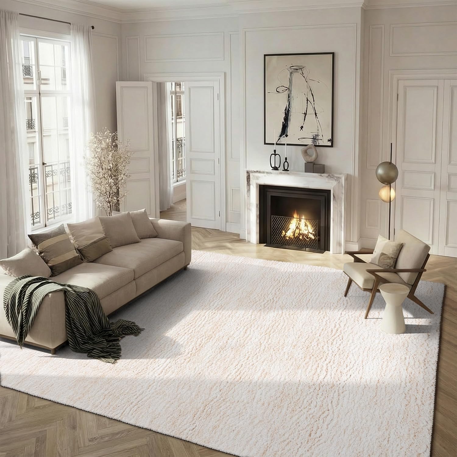 SAFAVIEH Area Rug 8x10 - Berber Shag Collection - Large - Ivory & Beige, Modern Design, Non-Shedding & Easy Cleaning, Plush Thick Pile, Ideal for Living Room, Bedroom, Dining Space (BER563A)