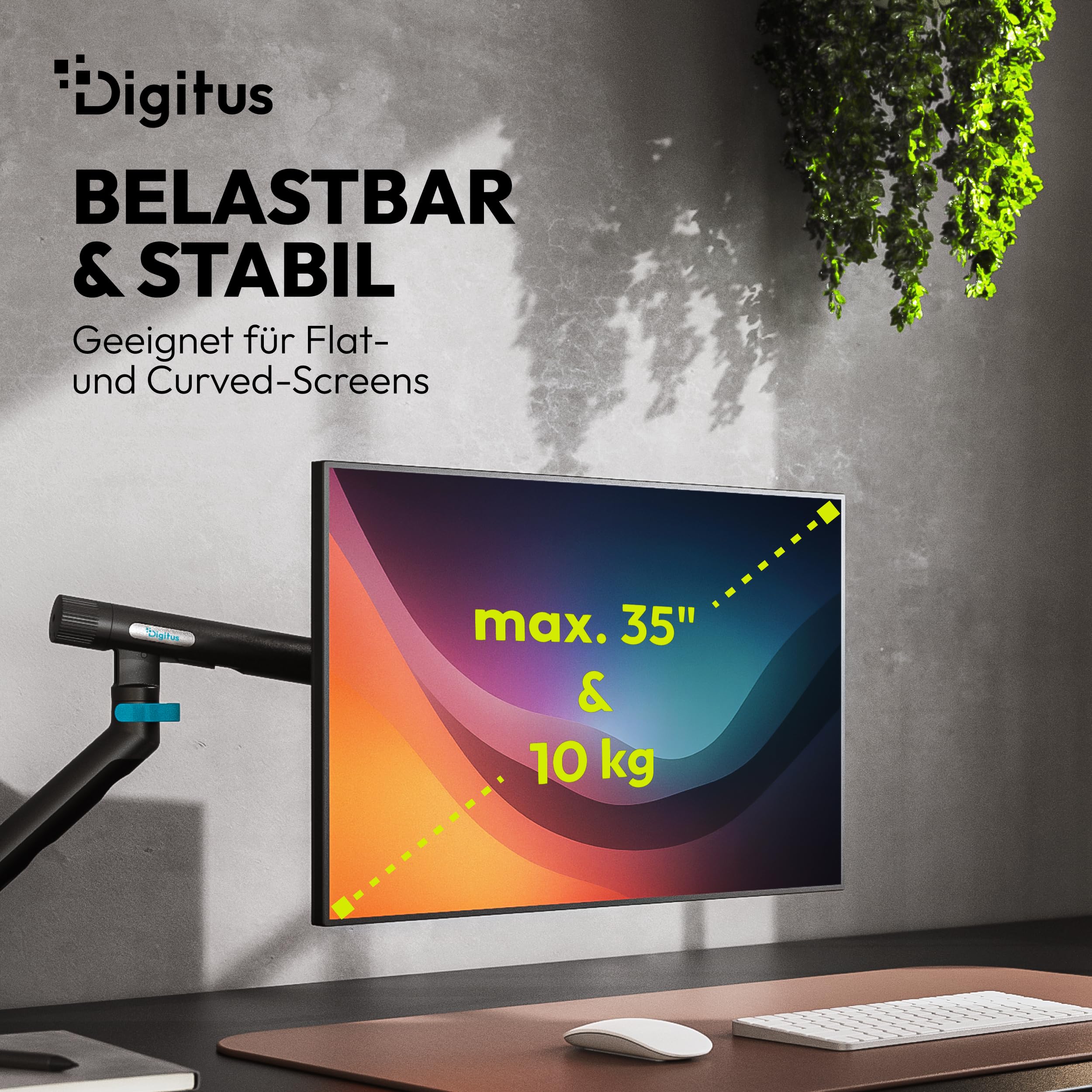 DIGITUS Monitor Halterung 1 Monitor – bis 35 Zoll – mechanische Feder | 10 kg Traglast – für Flach- und Curved-Bildschirme – VESA 75x75, 100x100 – Tischklemme – Schwarz