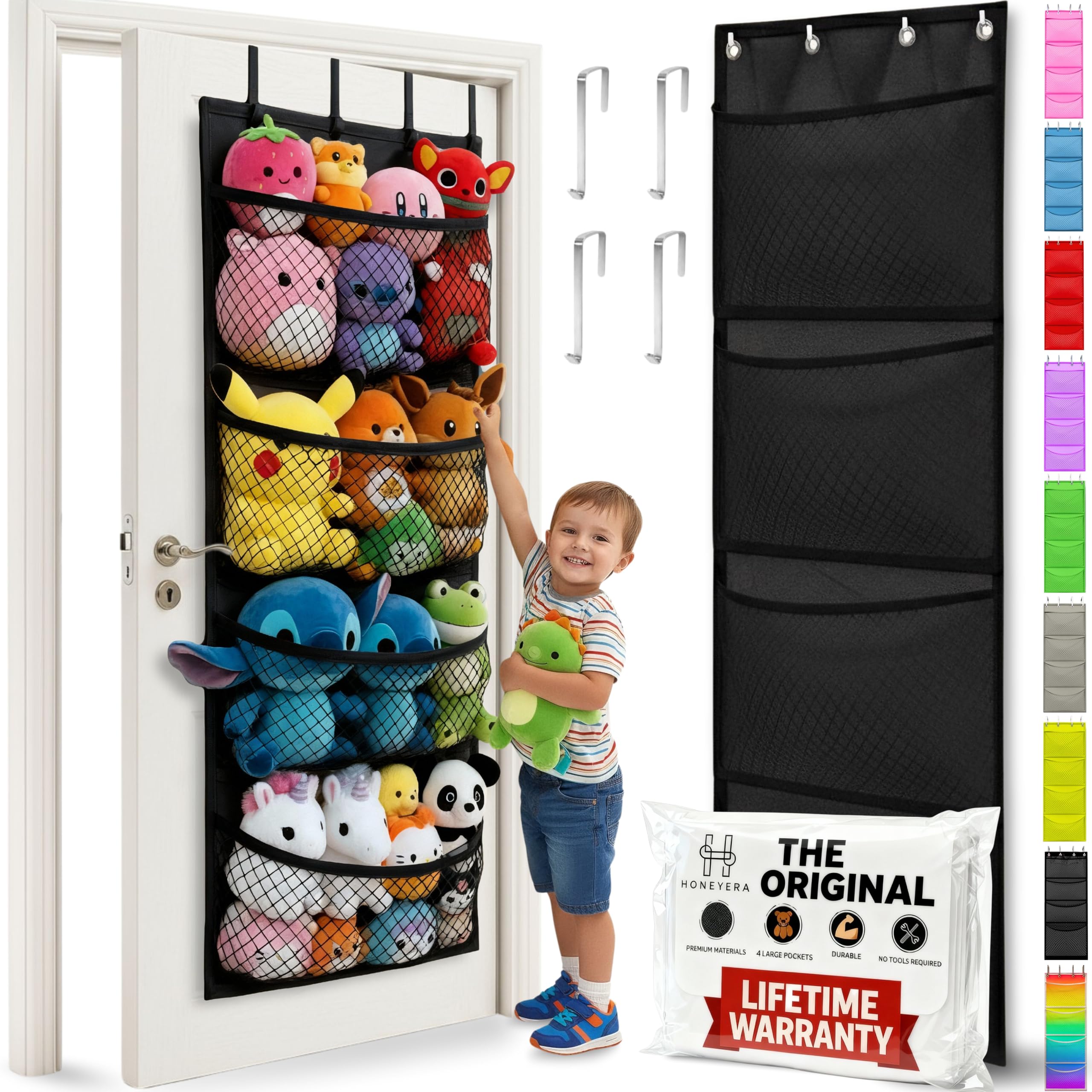 Honeyera The Original Stuffed Animal Storage (Patented) - Over Door Organizer for Stuffies, Toy Plush/Hammock Baby Hanging Storage Net Big Girls Toddler Large Bag Animals (Black)