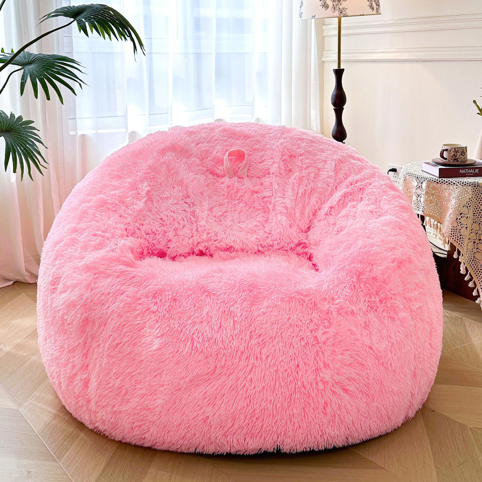 XeGe 5FT Riesenflauschige Sitzsackhülle (ohne Füllung), Ultrasoft Kunstfell Sitzsack zur Plüschtieraufbewahrung, XL Großer Lazy Sofa Sitzsack für Erwachsene Kinder Teens Mädchen, rutschfest, Rosa