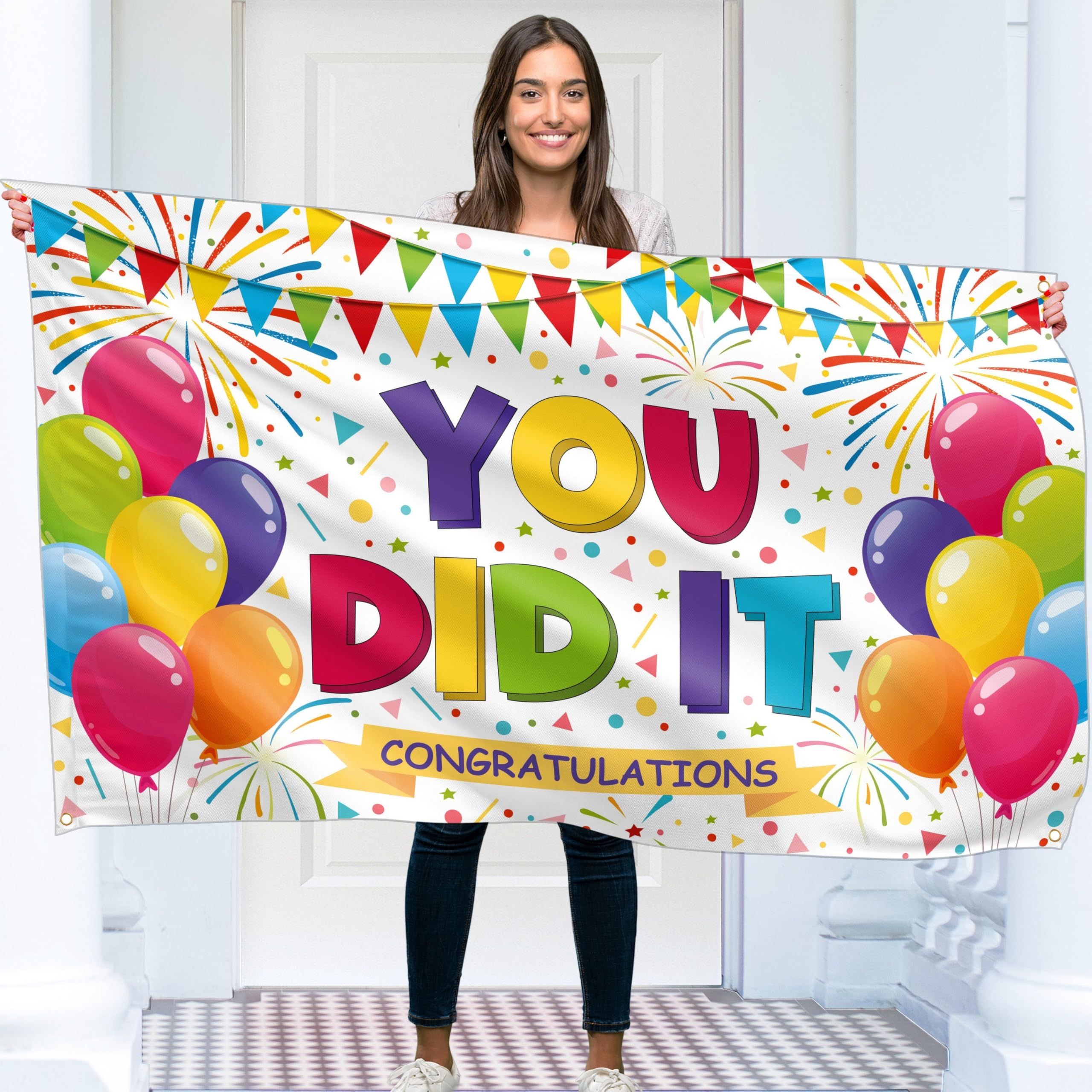 Congratulations Banner - Graduation Decorations 5x3ft - You Did It Banner - We are so Proud of You - Well Done (White)