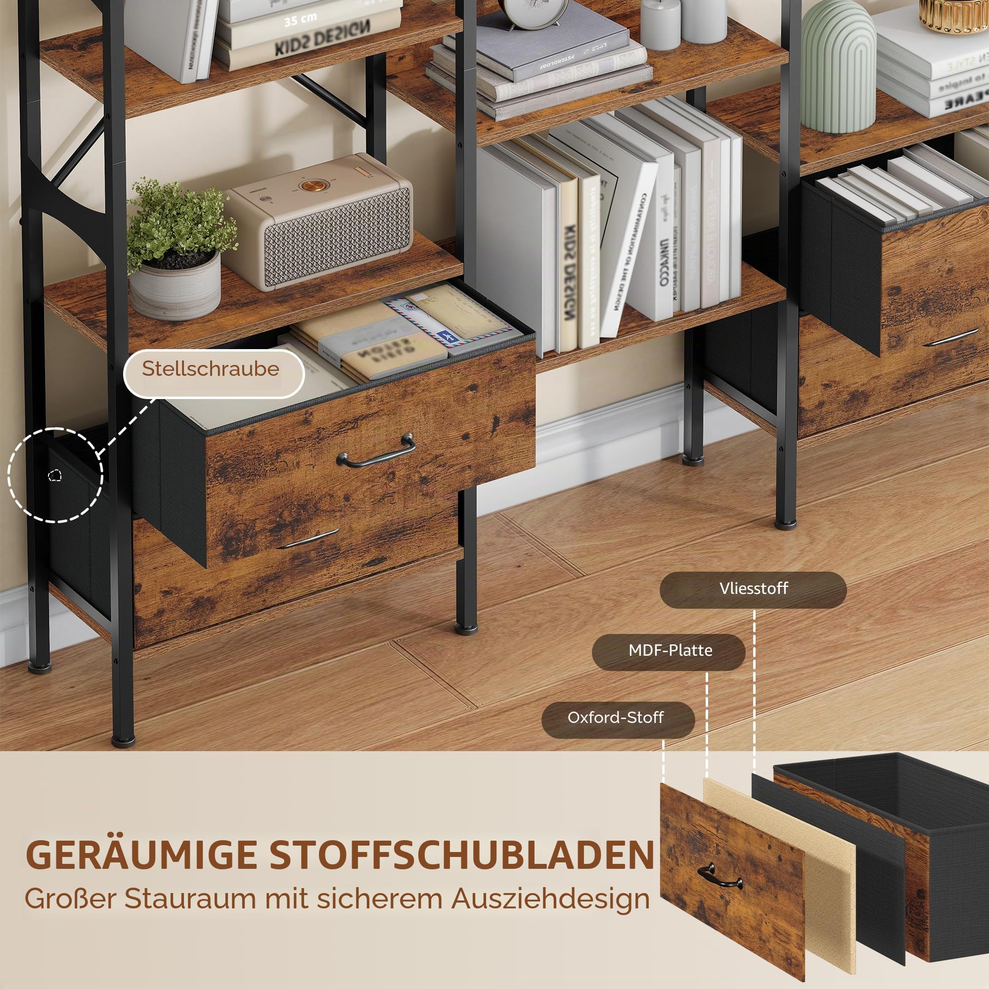 Bücherregal Regal, 158 x 24 x 166 cm, Rustikalbraun und Schwarz | Standregal mit 12 Ablagen und 4 Stoffschubladen, Metallrahmen, für Wohnzimmer, Home Office, Arbeitszimmer, FFSG002FX1