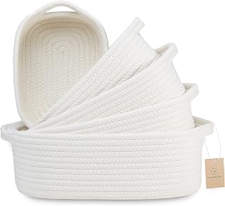 NaturalCozy 5-Piece Rectangle Cotton Rope Storage Baskets - Montessori Toys, Baby Nursery, Pet Toys, Bathroom Organizer Set