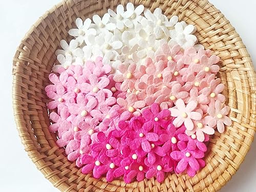 PL - Juego de 50 adornos de flores diminutas con tallo de hilo, tamaño 0.5 pulgadas, rosa mixto1, flores de papel de morera, suministros de