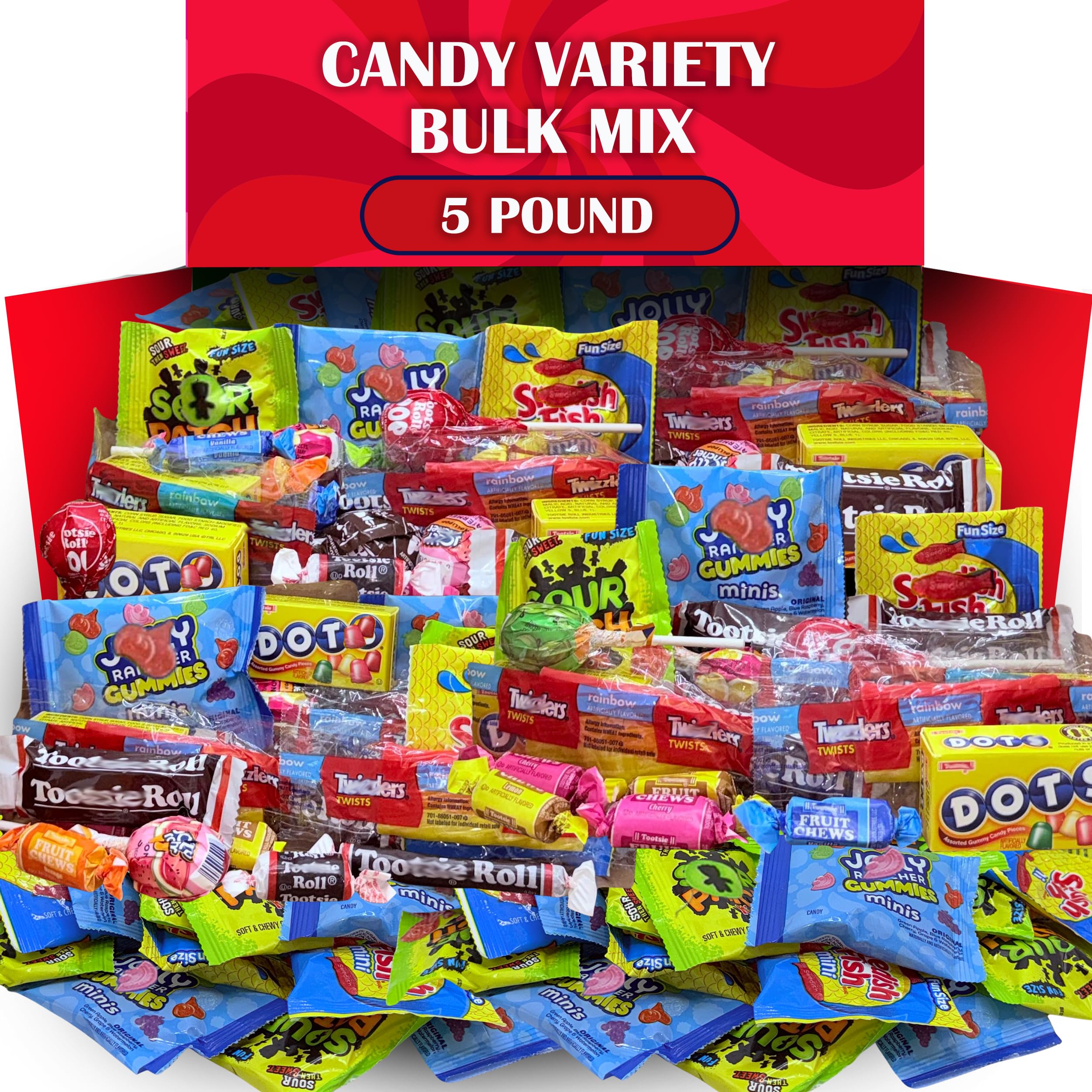 Bulk Candy Variety Pack, 5 Lbs, Individually Wrapped Assorted Candy Mix, Sour Kids Gummies, Licorice Twists, Tootsee Roll Party Candy Assortment, Birthday Party Favors, Pinata Stuffers