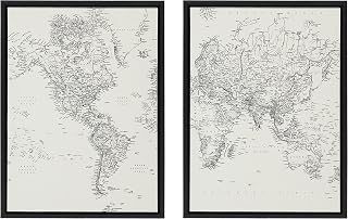 Kate and Laurel Sylvie Vintage Black and White World Map Framed Linen Canvas Wall Art Set by The Creative Bunch Studio, 2 Piece 18x24 Black, Retro Map Art for Wall