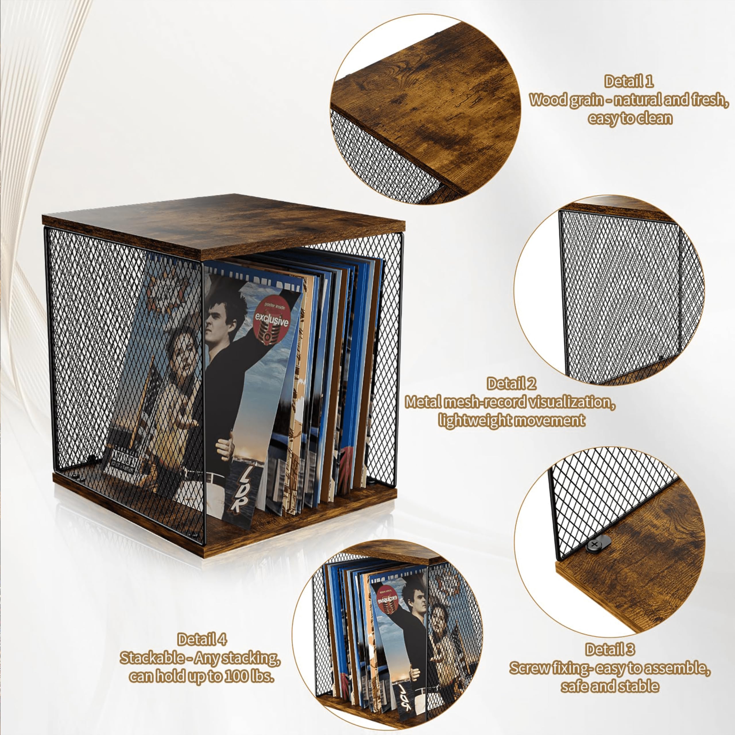 Honkazita 1 mueble de almacenamiento de discos de vinilo | Modular apilable, capacidad de álbum de vinilo 40-55, visualización de almacenamiento, caja organizadora de madera natural