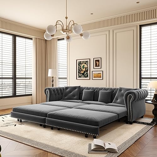 89" Velvet Pull Out Sofa Bed - 3-in-1 Convertible Sleeper Sofa with Ottoman, Button Tufted Chesterfield Sofa, Pull-out King Size Couch Bed, Space Saving for Small Spaces Apartments, Living Room, Grey