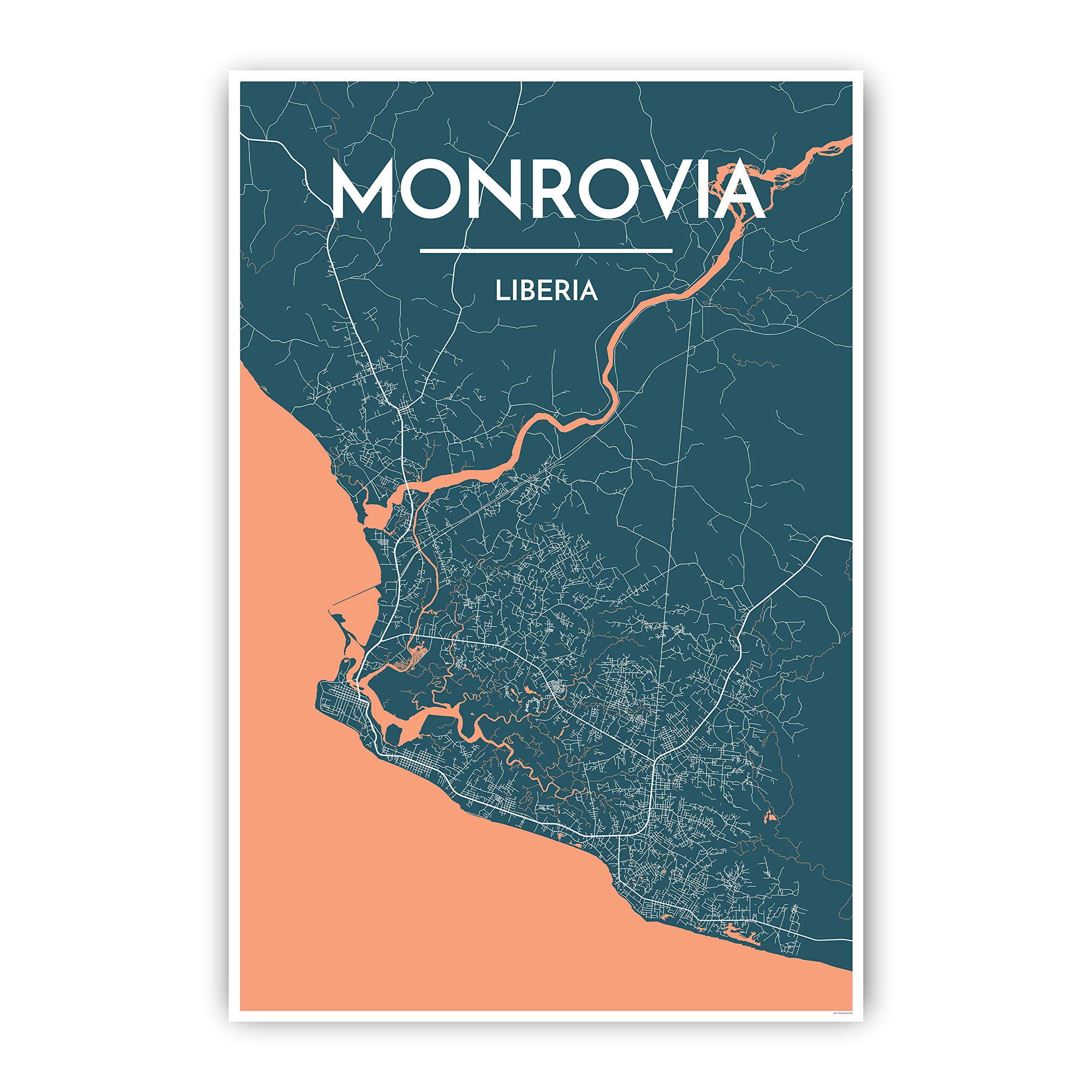 Street Map Of Monrovia Liberia Point Two Design |Monrovia, Liberia, Africa - City Prints Wall Art 12X18  Color Print, Unframed |