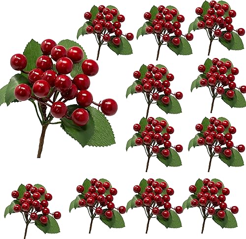 Miniatura 8 de BANBERRY DESIGNS Púas navideñas de bayas rojas – Aerosoles de bayas con hojas verdes – Aproximadamente 18 bayas en cada racimo de tallo –