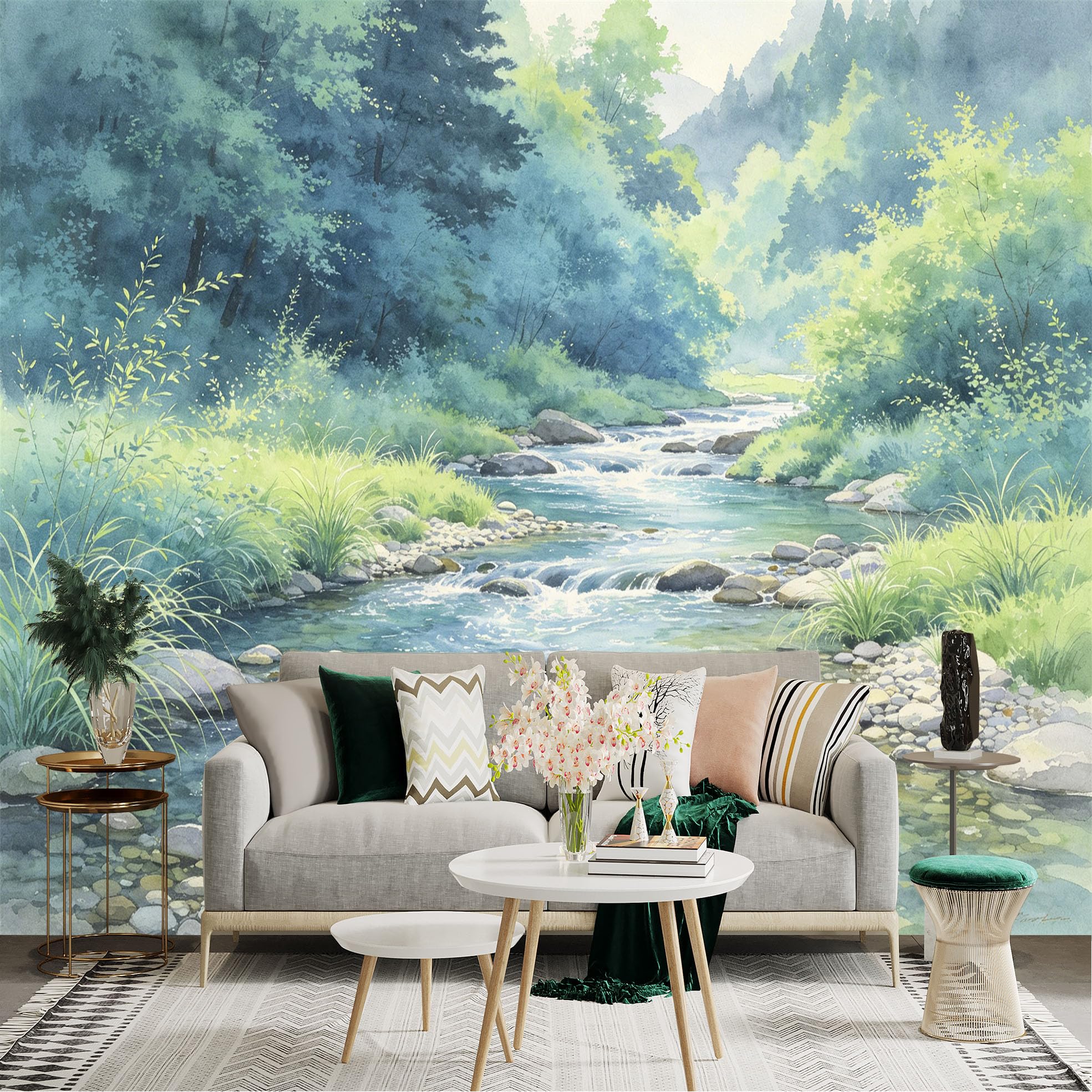 Lnzczhyre Dbh260521954 Custom Size Wall Sticker Mural， Watercolor Mountain Stream， Flowing River， Serene Forest Scenery， Nature Landscape， For Wall Decoration， Peelandstick Wall Decals.