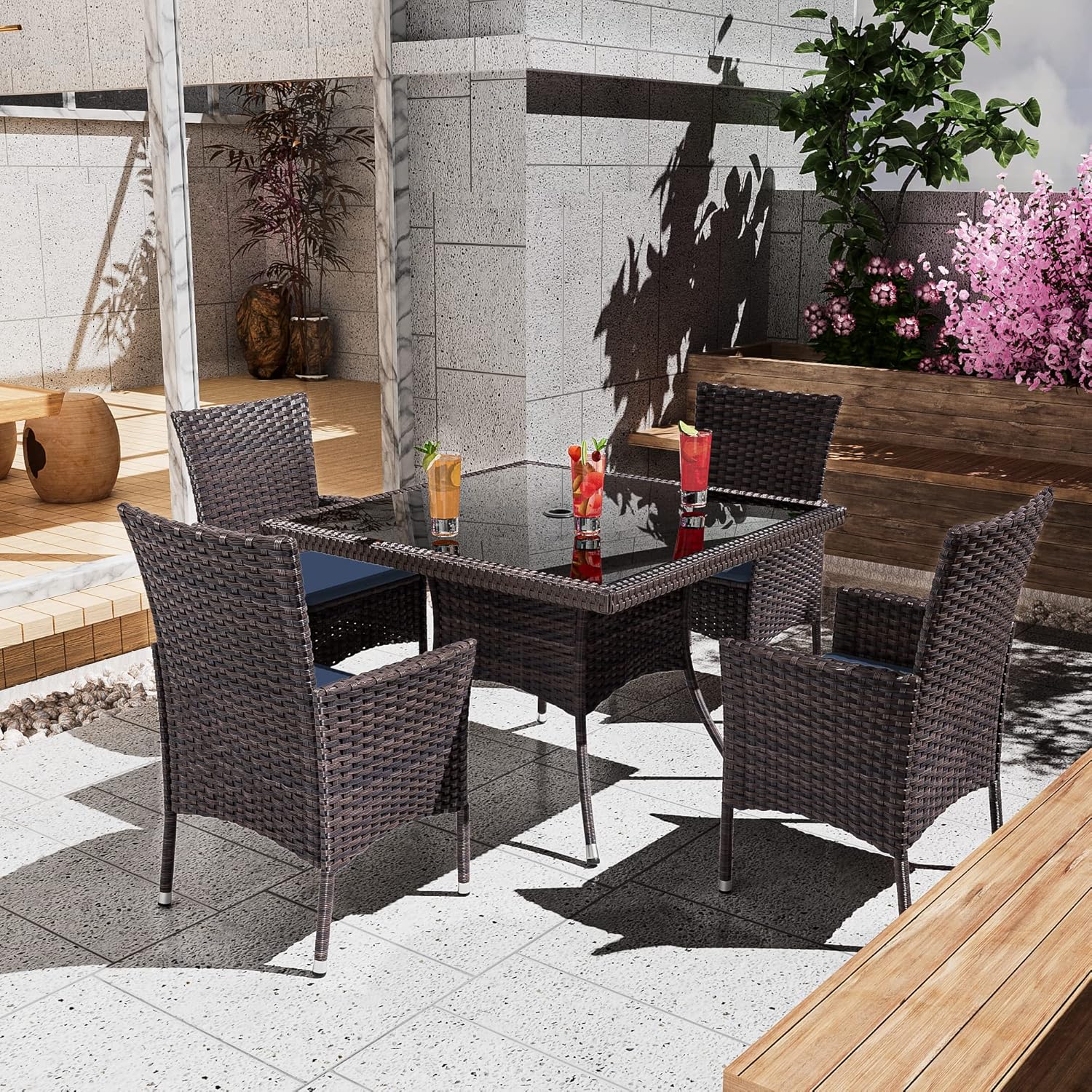 5 Pieces Dining Sets for 4 with Rattan Wicker Dining Set Chairs and Square Table Glass Top with Umbrella Cutout, Outdoor and Indoor Set for Patio, Backyard, Garden, Poolside, Kitchen-Navy