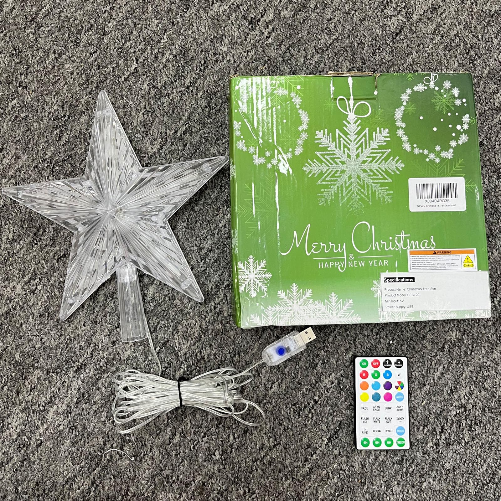 Estrella para árbol de Navidad de 8.6 pulgadas, estrella iluminada LED RGB con control remoto, 25 modos de luz, velocidad, temporizador, enchufe USB, cable de 16.4 pies para decoración de fiesta de