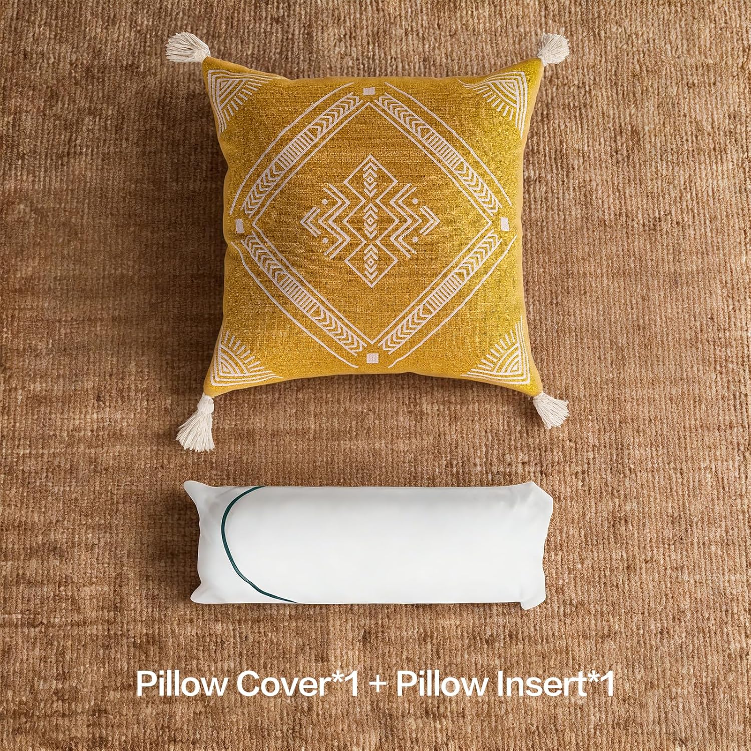 Embroidered Decorative Throw Pillow Cushion, Boho Design with Tassels for Home Accent Decor, Pillow Case Cover with Ultra Soft Insert for Sofa Couch Bed,18x18 Inch (Brown, 18×18 Inch)