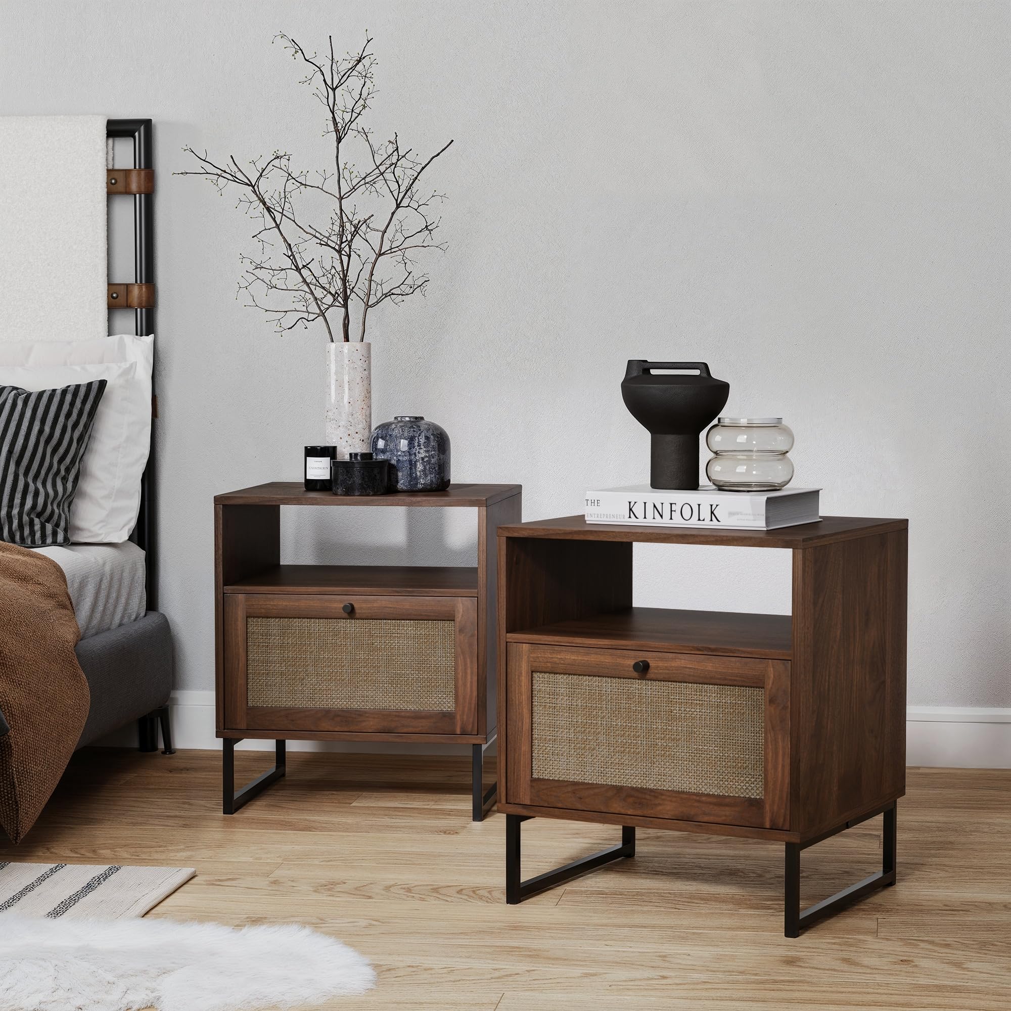 Nathan James Mina Boho Nightstand, Small Nightstand, Rattan End Table with Storage, Walnut Side Table with Rattan Accent, Walnut Brown/Black, Set of 2
