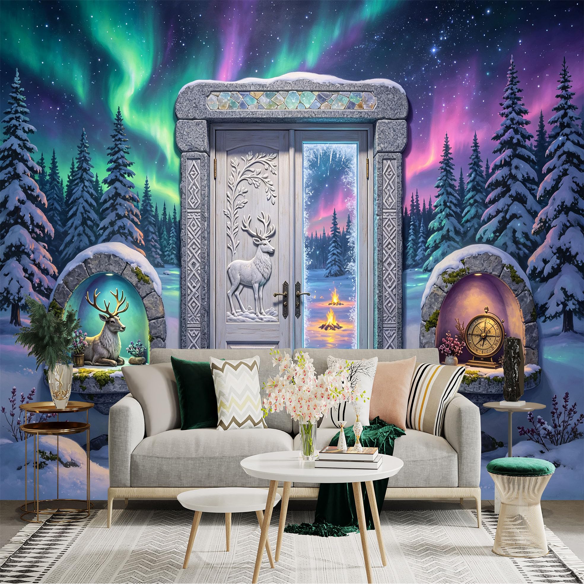 Custom Size Wall Sticker Mural， Aurora Borealis Winter Forest with Deer and Snowy Doorway， for wall Decoration， peelandstick wall Decals.