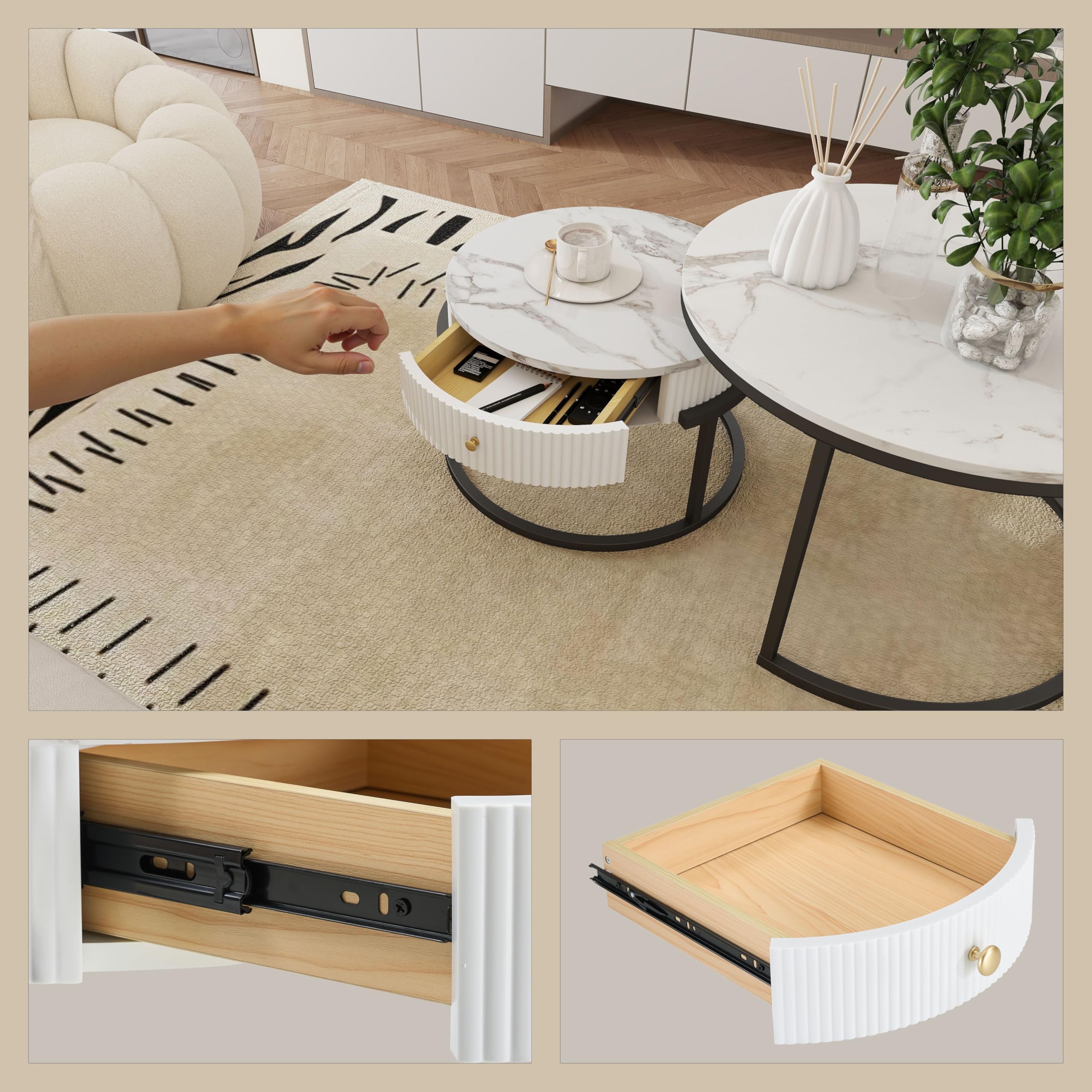 Tavolino da Divano, Tavolino Salotto Moderno Rotondo a cornice nera set di 2 pezzi, Tavolo Bianco con effetto marmo e cassetto