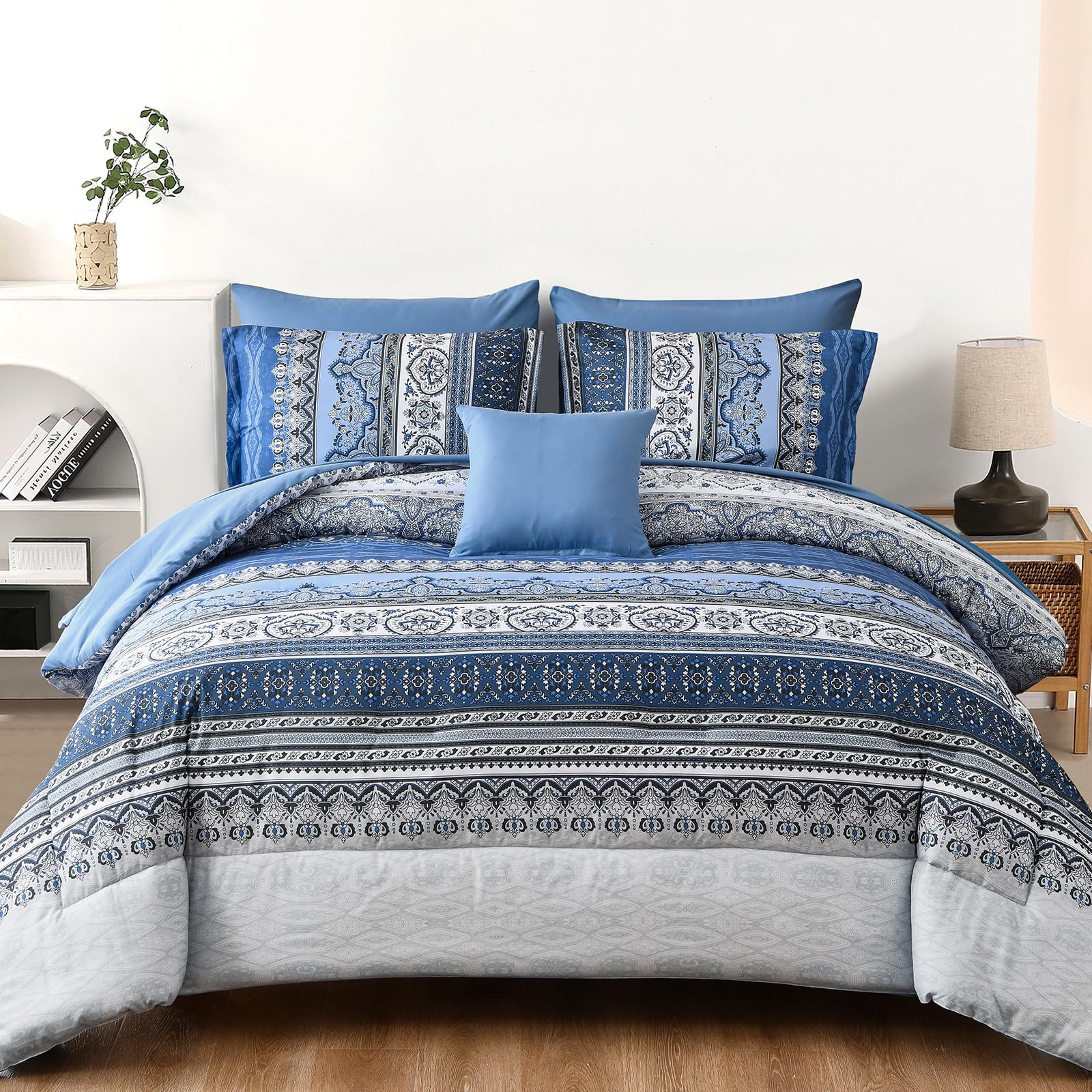 Cottolester Boho Comforter Set Queen Size,8 Pieces Blue and Grey Bohemian Striped Bed in a Bag,Paisley Soft Microfiber Bedding Comforter Set