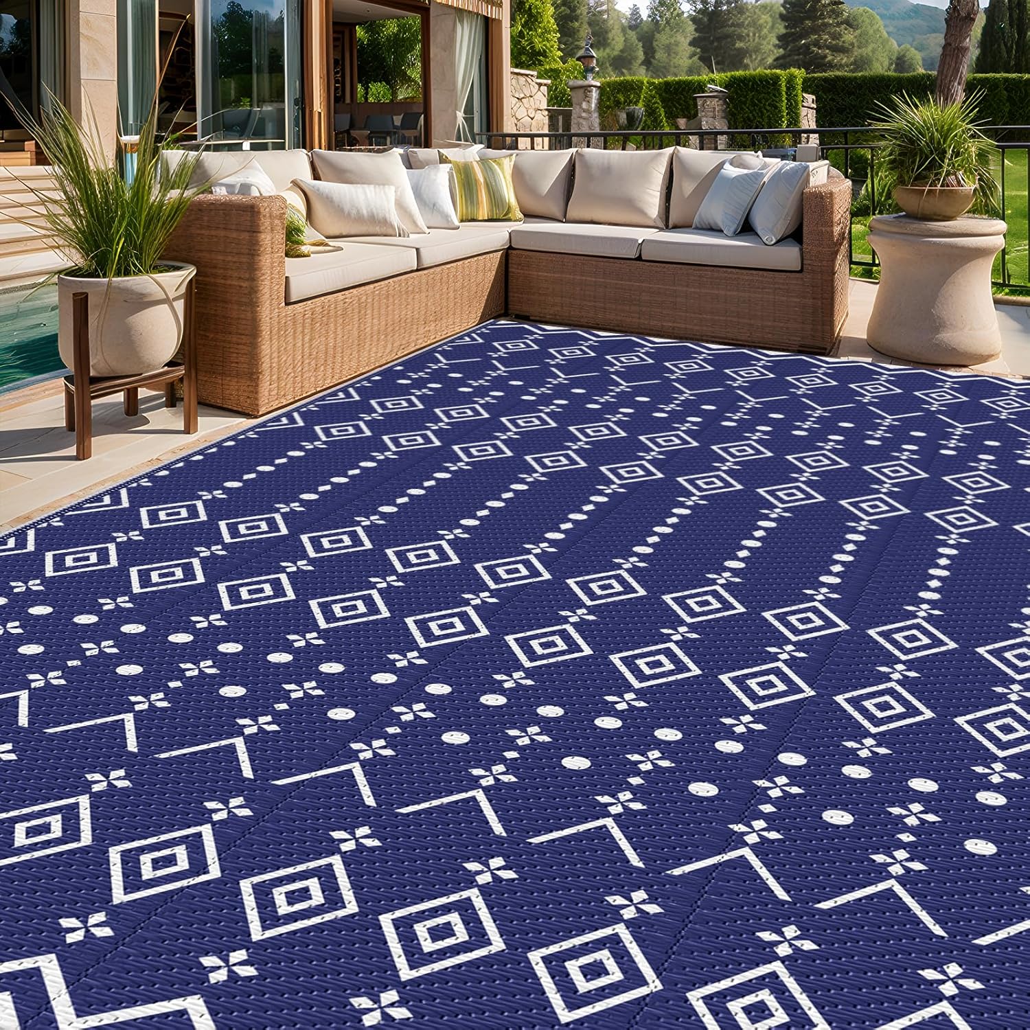 StepRite 5’ x 8’ Reversible Outdoor Rug, Waterproof Plastic Straw Rug, Patio Rug, Large Modern Area Rug Carpet, Indoor Outdoor Rugs for Camping, Porch, Deck, Balcony, Backyard, RV, Picnic(Blue)