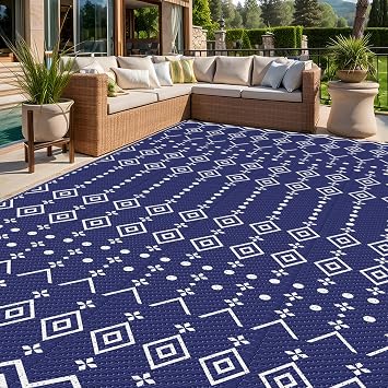 StepRite 8 x 10 Reversible Outdoor Rug, Waterproof Plastic Straw Rug, Patio Rug, Large Modern Area Rug Carpet, Indoor Outdoor Rugs for Camping, Porch, Deck, Balcony, Backyard, RV, PicnicBlue
