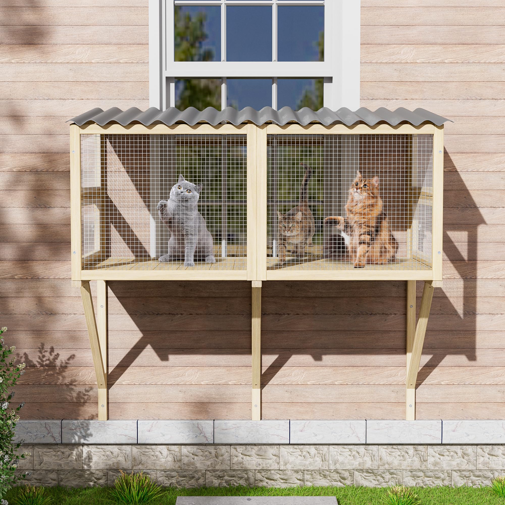 MAGIC UNION Cat Catio, Cats Window Perch for Large Indoor Cats - Expandable Wooden Windows Box Enclosure for Multi Kitty, Waterproof Cat Window Hammock for Enjoying The Outdoor Sights (Original Wood)