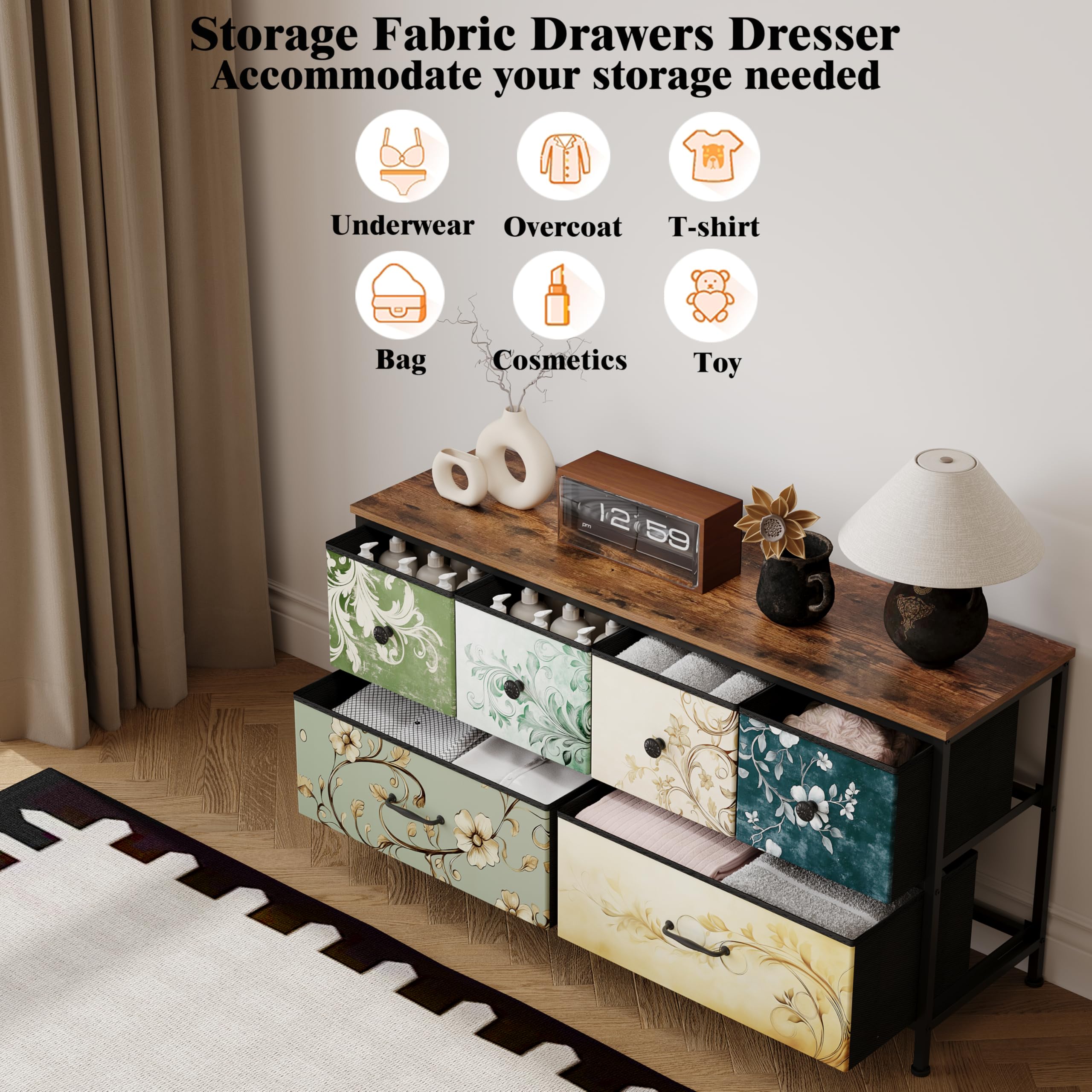DWVO Commode en Tissu avec 5 tiroirs, Commode pour Chambre à Coucher, Salon avec poignées, Dessus en Bois et Cadre en Acier Robuste, Marron Rustique