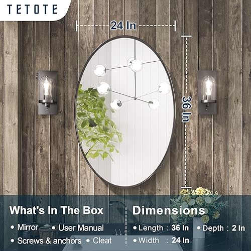 Miniatura 7 de TETOTE Espejo ovalado negro de 24 x 36 pulgadas, espejo de pared con marco negro mate para tocador, moderno espejo de pared ovalado inastillable