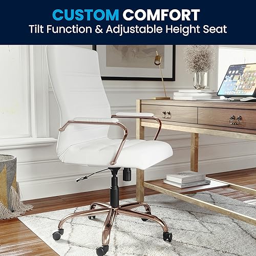 Miniatura 8 de Flash Furniture - Silla giratoria ejecutiva Whitney para oficina, con respaldo alto de LeatherSoft blanco y montura color oro rosa, con reposabrazos
