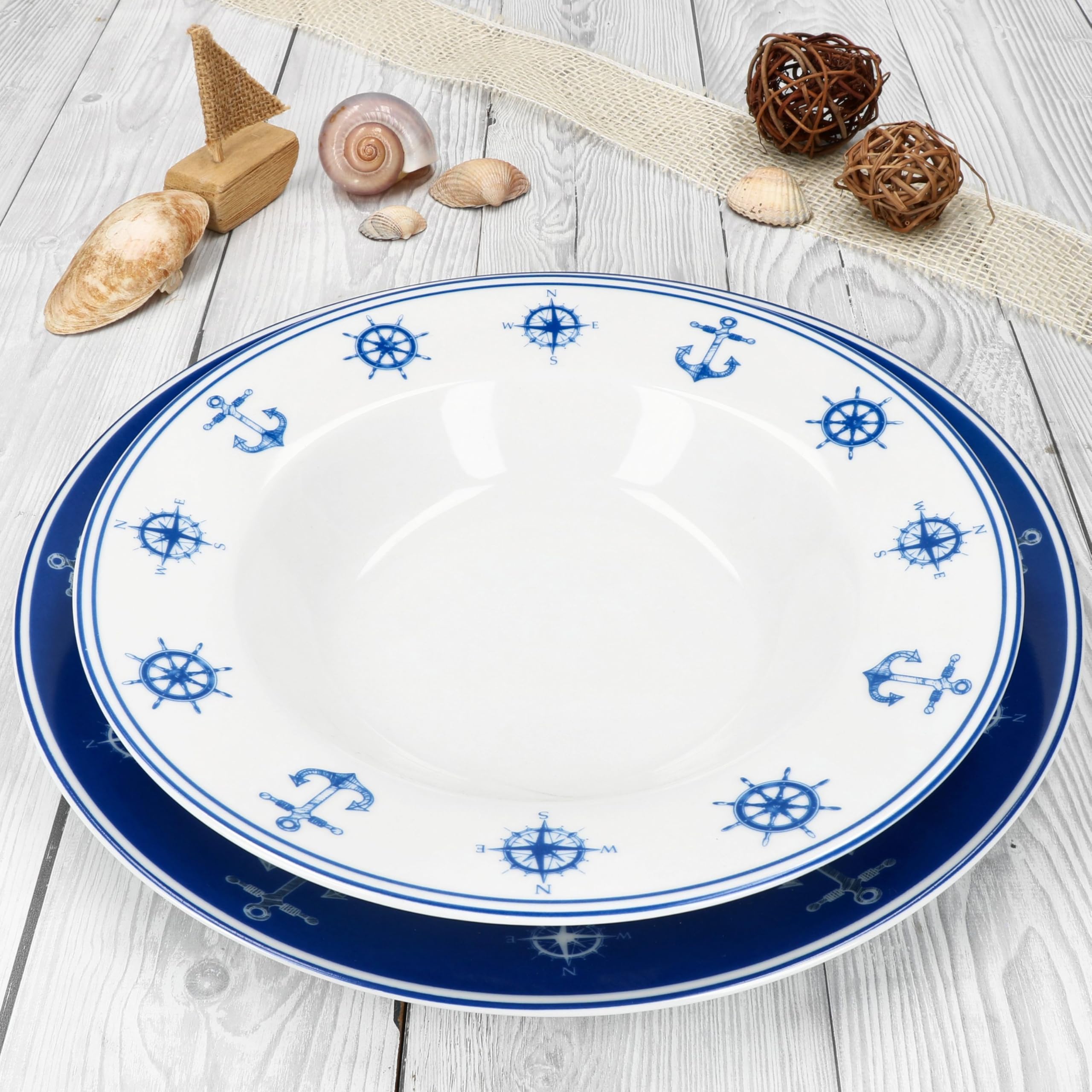 MamboCat AHOI 12tlg Tafelservice I blau-weißes Porzellan-Geschirr mit nautischen Motiven Anker & Co für 6 Personen I 6X Suppenteller & 6X Speiseteller für Frühstück, Mittag & Abendbrot