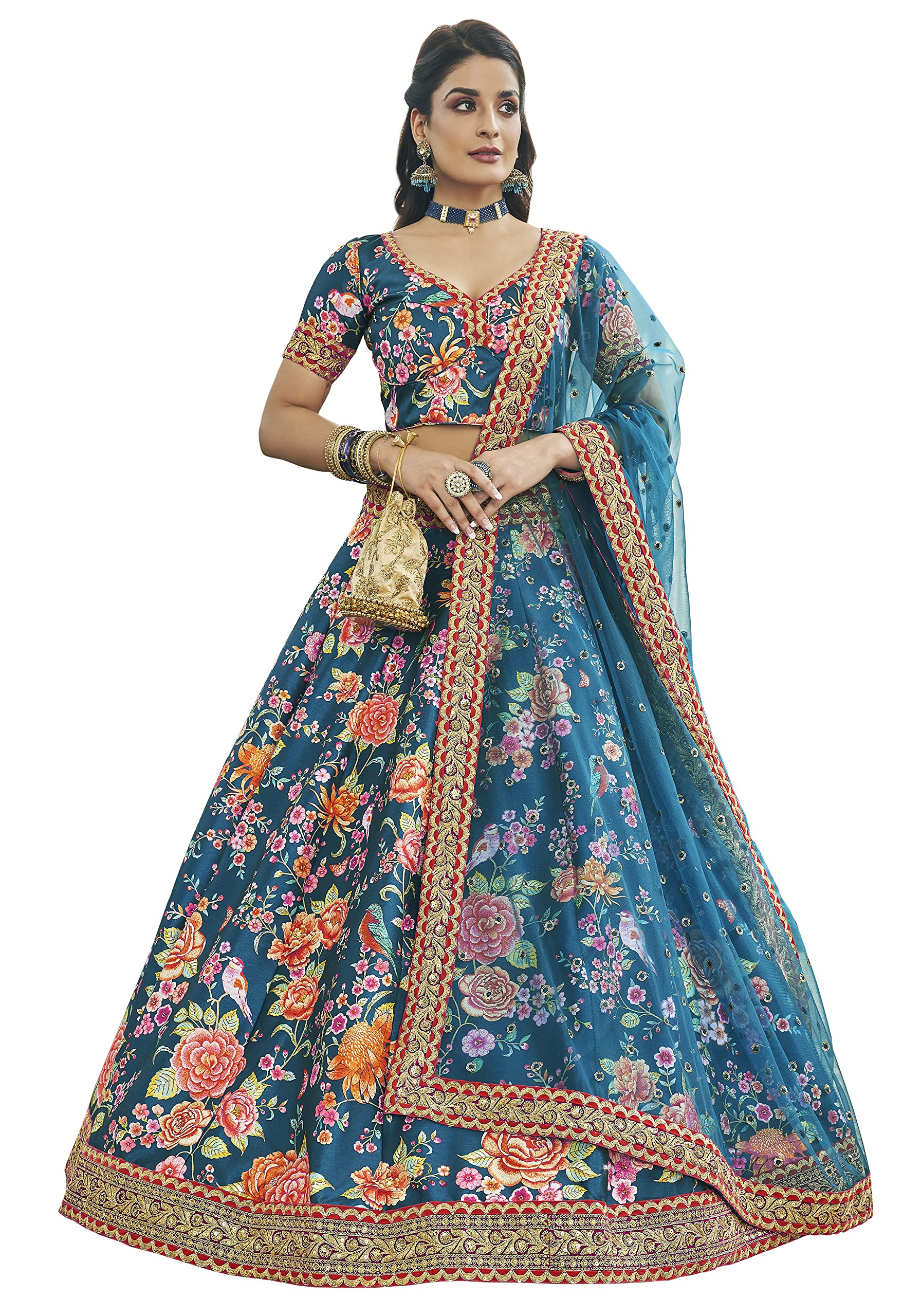 Zeel ClothingWomen's Art Silk Floral Semi-Stitched Lehenga Choli with Dupatta (7515-Teal-Blue-Wedding-Floral-Latest; Free Size)