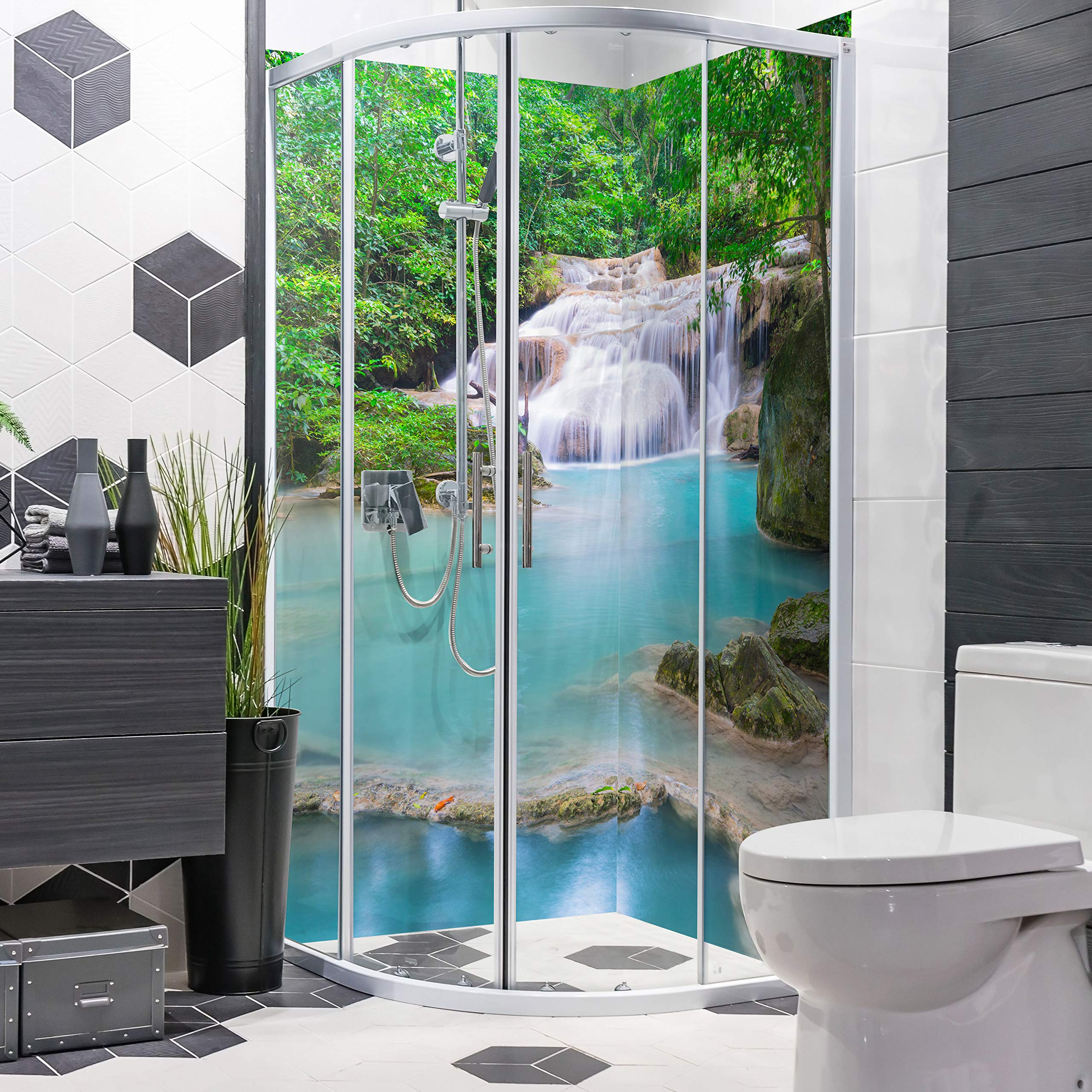 Dedeco Eck-Duschrückwand Mit Wasserfall-Motiv – 2x 90x200 Cm, Wasserfeste Alu-Verbundplatte, Made In Germany