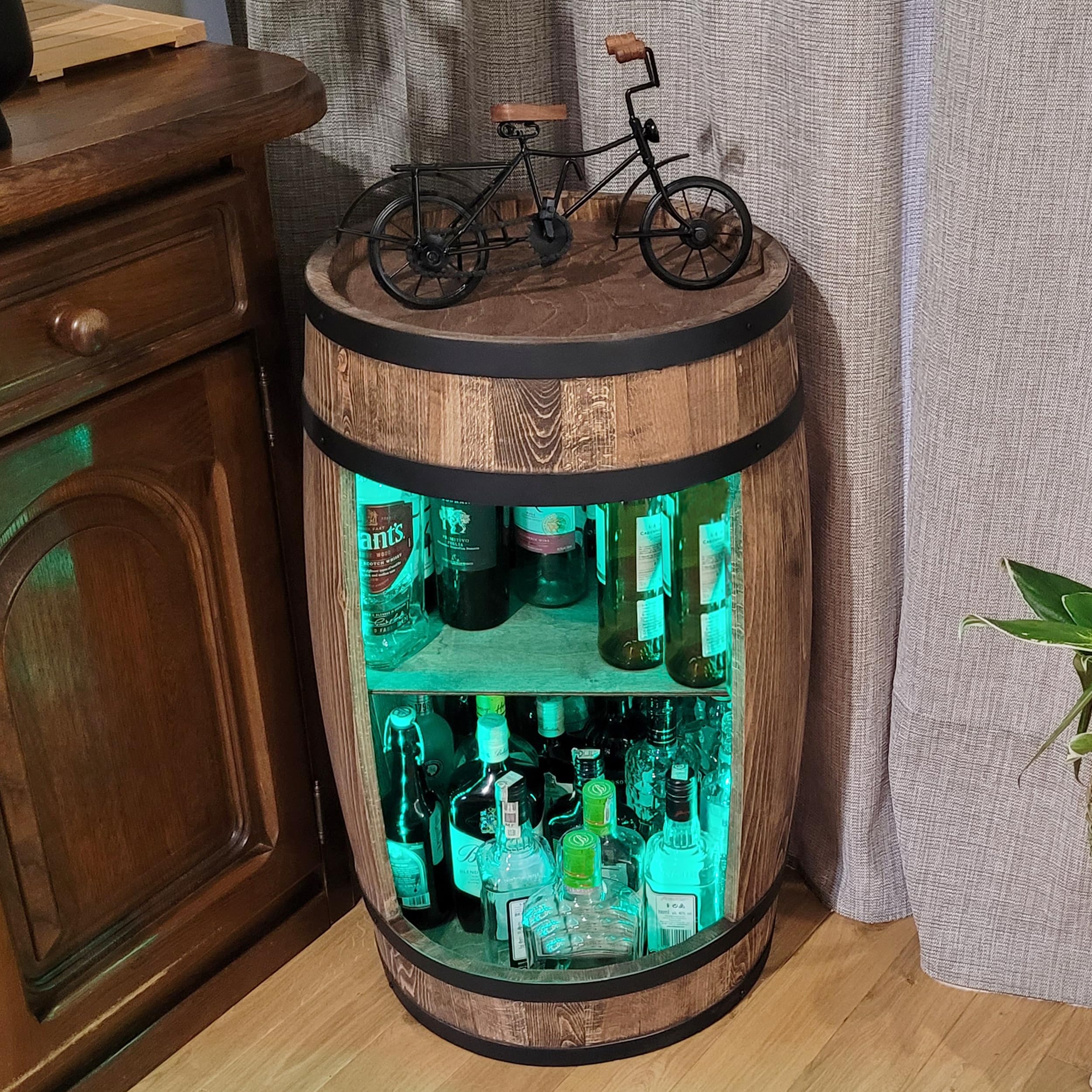 weeco Mobiletto bar a barile in legno con illuminazione a LED RGB, Minibar a forma di botte. Armadietto con ripianoper vini whisky - botte tavolo.Un uomini, Botte per Vino (wengé)