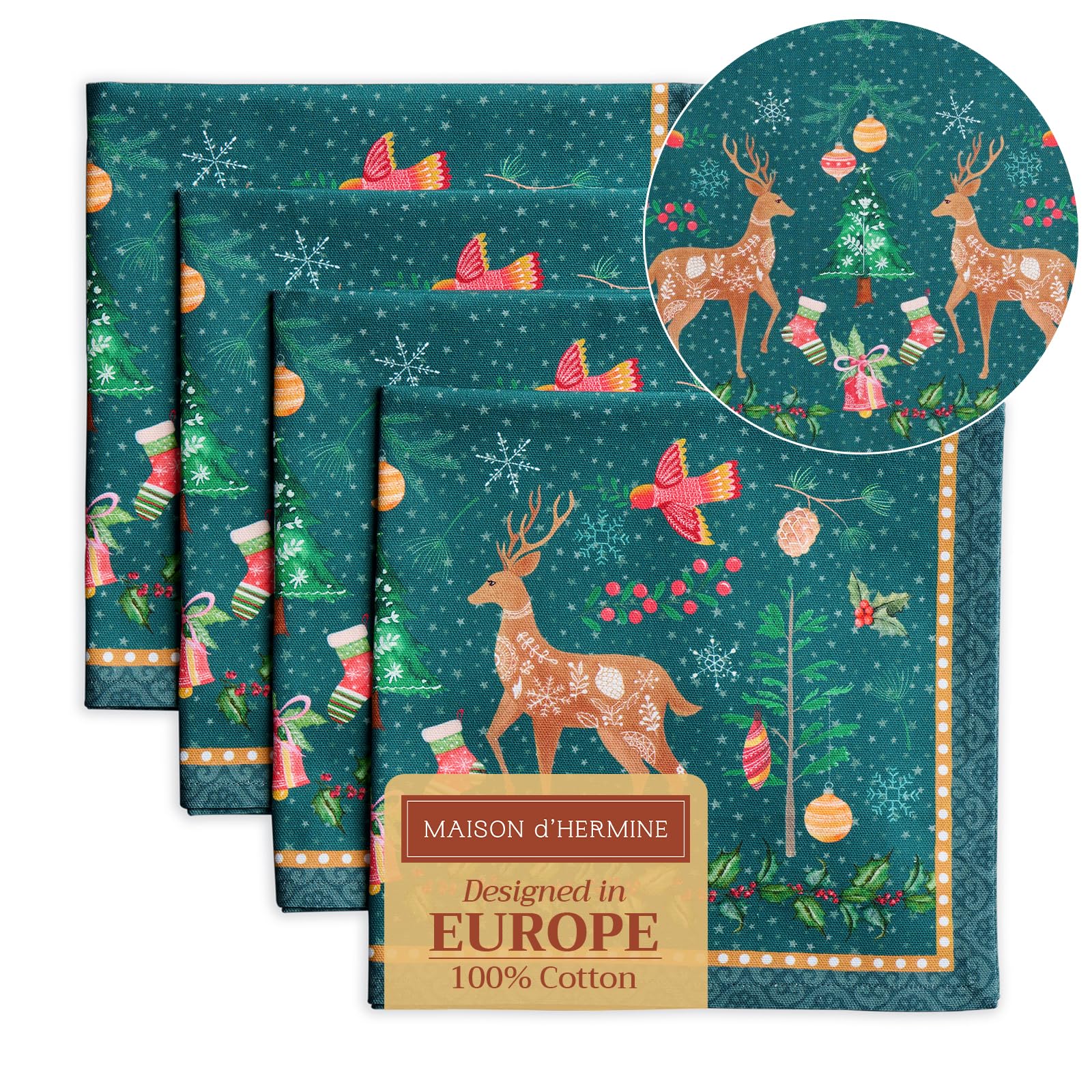 Maison d' Hermine Cloth Napkins Set of 4 100% Cotton for Christmas Decorations Everyday Reusable Square Autumn Napkins Cloth Washable Dinner Party Wedding (Hygge Christmas, 45 CM x 45 CM)