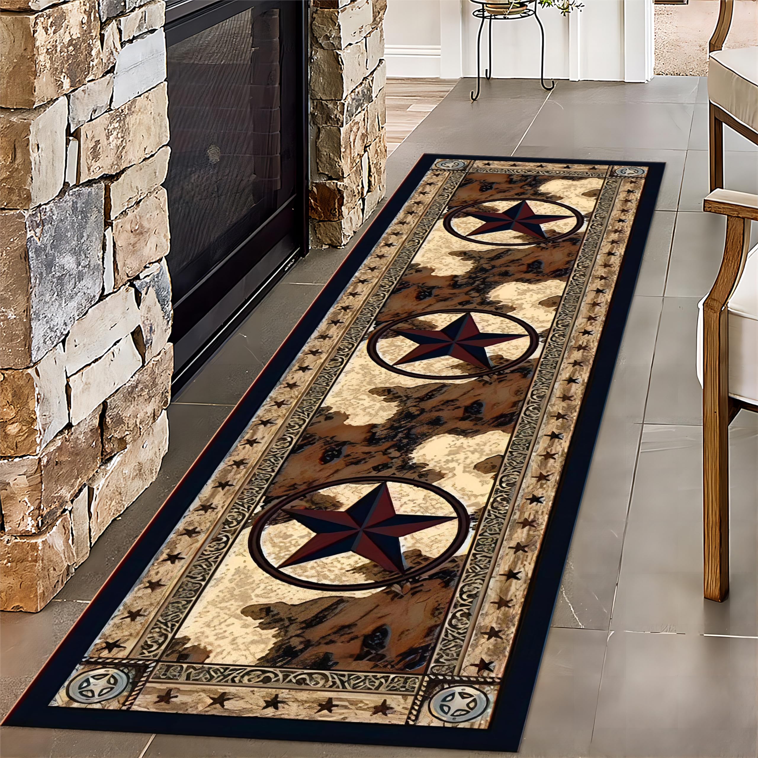 HONGXIU Vintage Black and Brown Star 2x7ft Runner Rug, Non-Slip, Washable, Rustic, Machine Made, Microfiber, Low Pile, All Seasons, Indoor, Unisex,