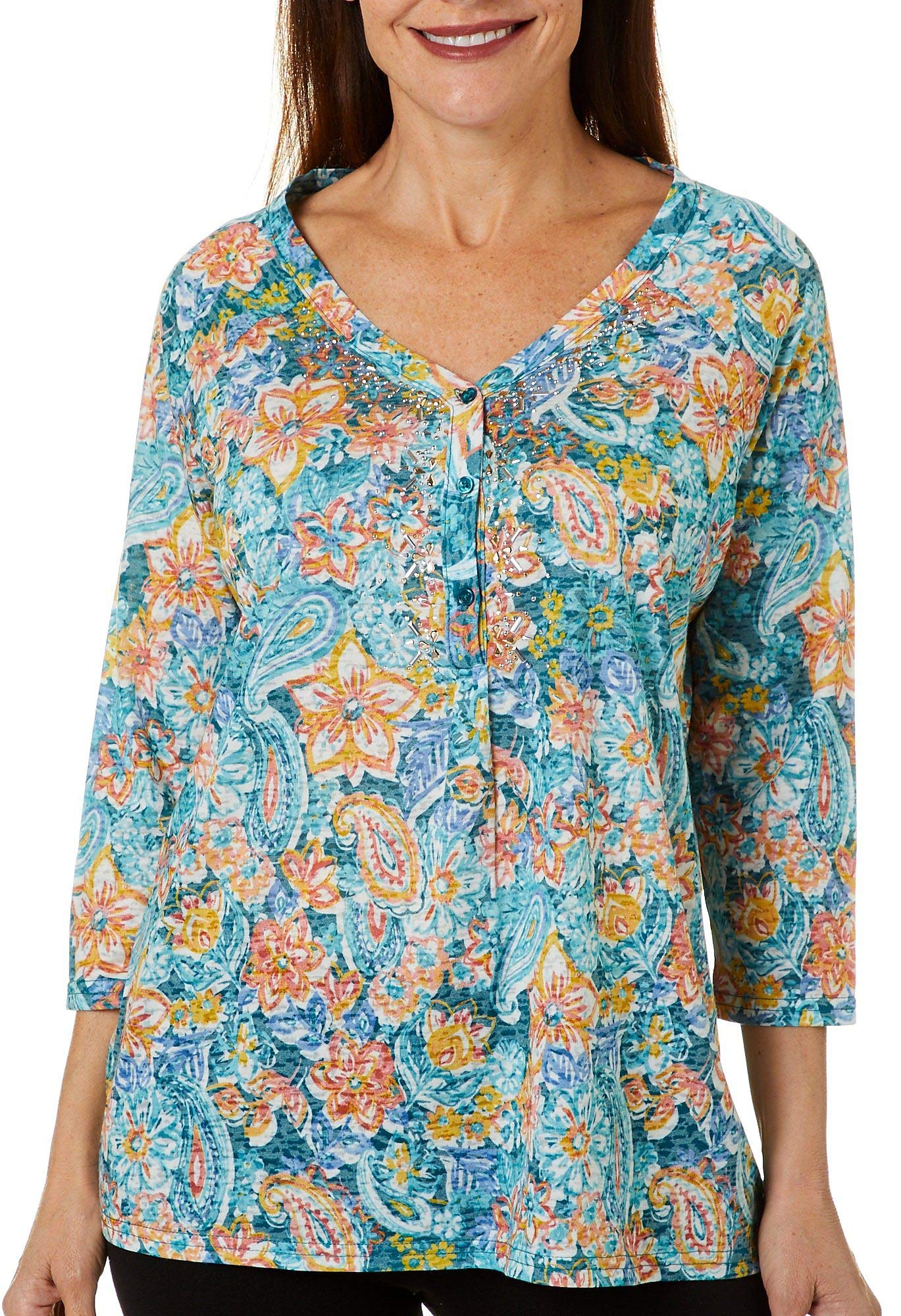 ErikaWomen's Penny Embelished 3/4 Sleeve Henley Tee