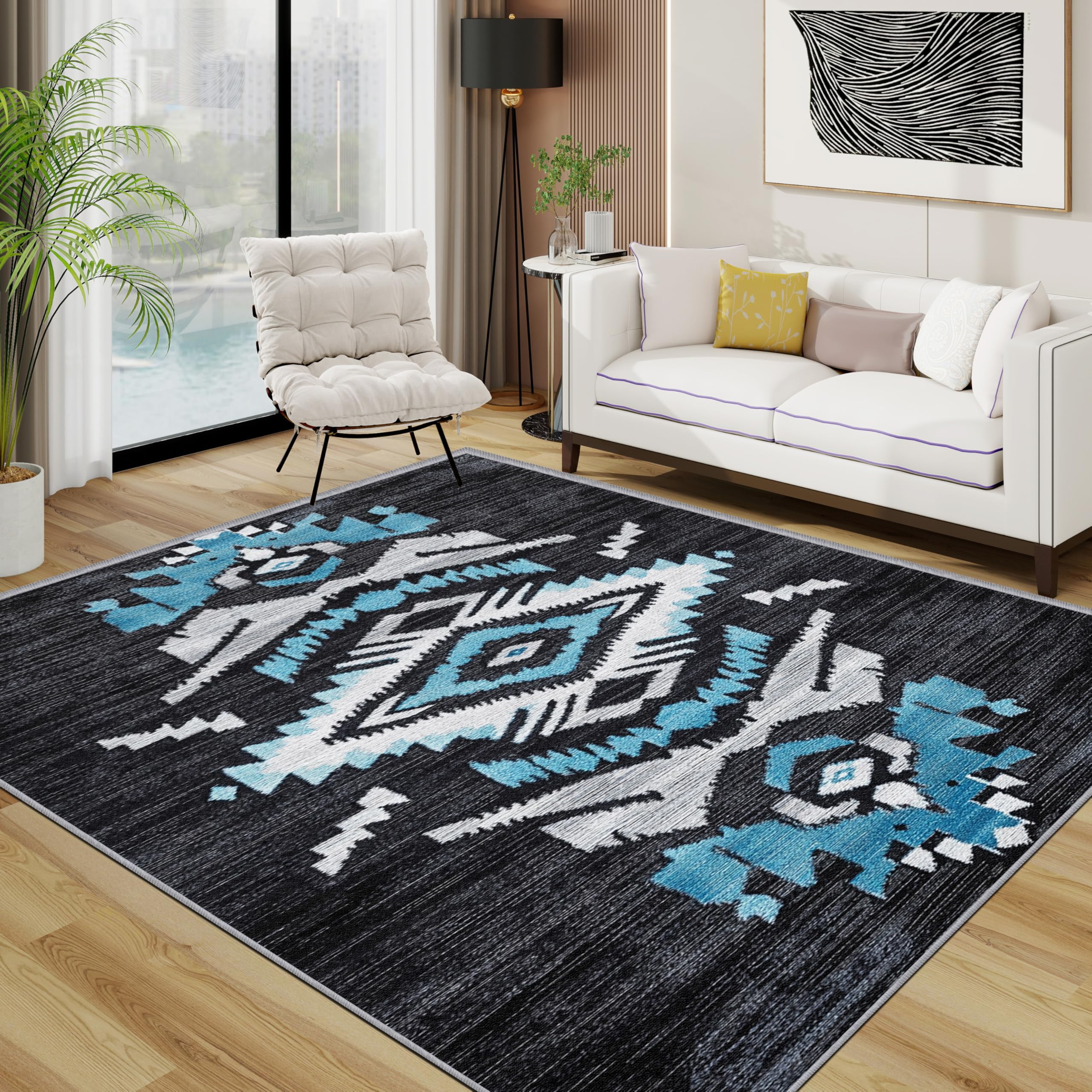 Aztec Area Rugs for Living Room 120x120 - Native American Southwestern Rug for Bedroom, Rustic Ethnic Non Slip Washable Short Pile Carpet, Aztec Room Decor