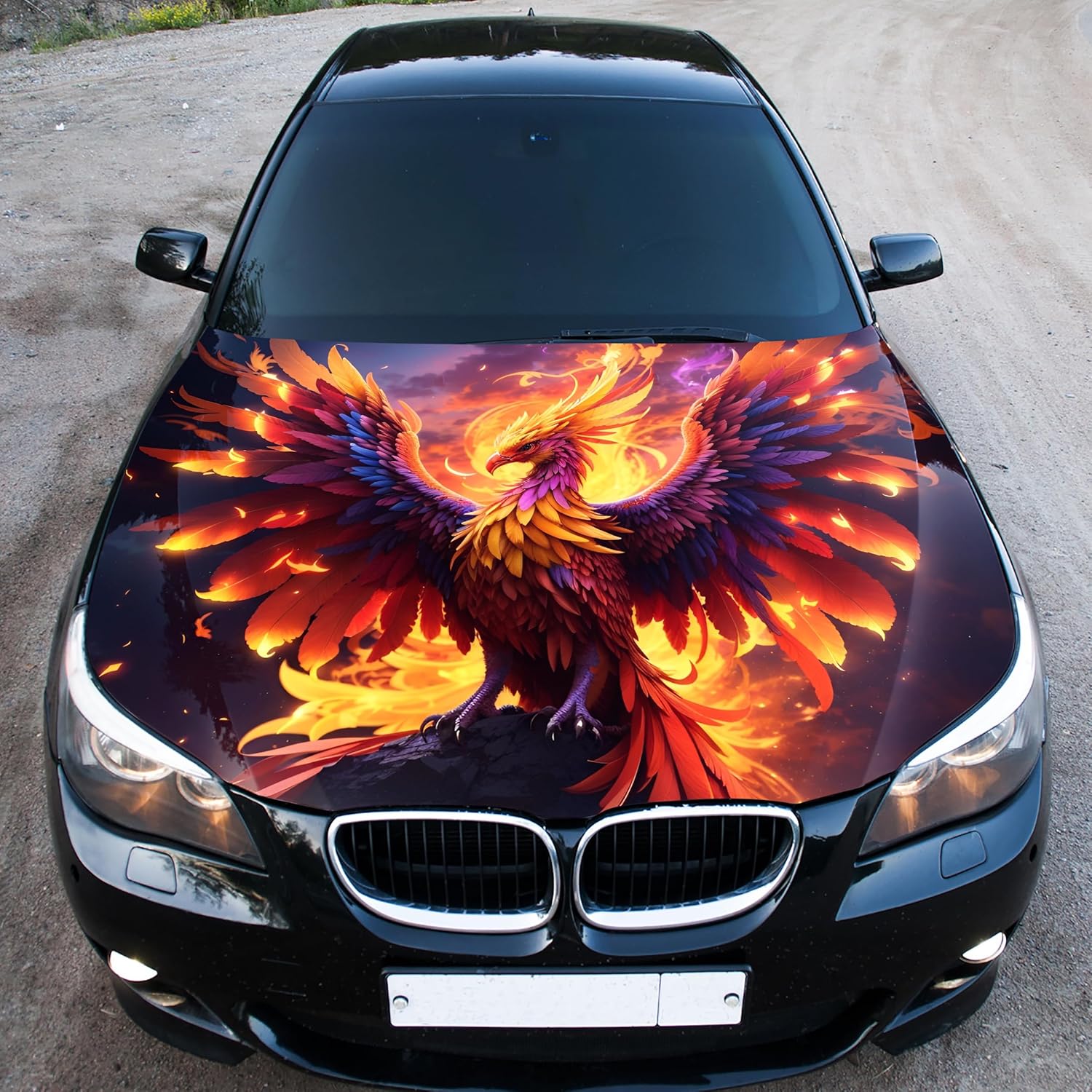 Rising Phoenix Car Hood Wrap – Custom Vinyl Graphic Decal for Cars, Trucks & SUVs – Glossy Laminated Vinyl