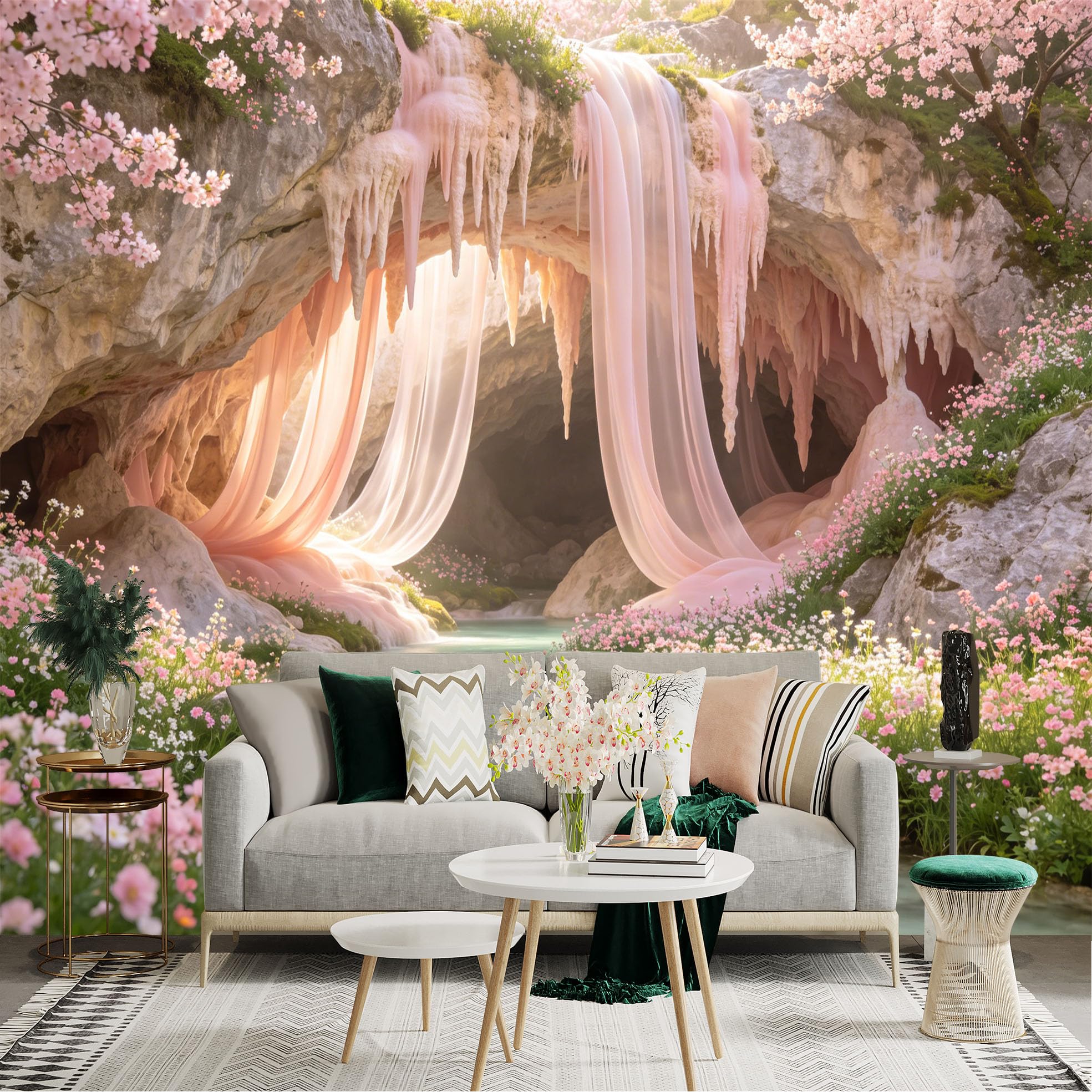 Lnzczhyre Dbh260521251 Custom Size Wall Sticker Mural， Pink Waterfall In Fantasy Cave， Spring Cherry Blossoms And Flowing Stream， For Wall Decoration， Peelandstick Wall Decals.