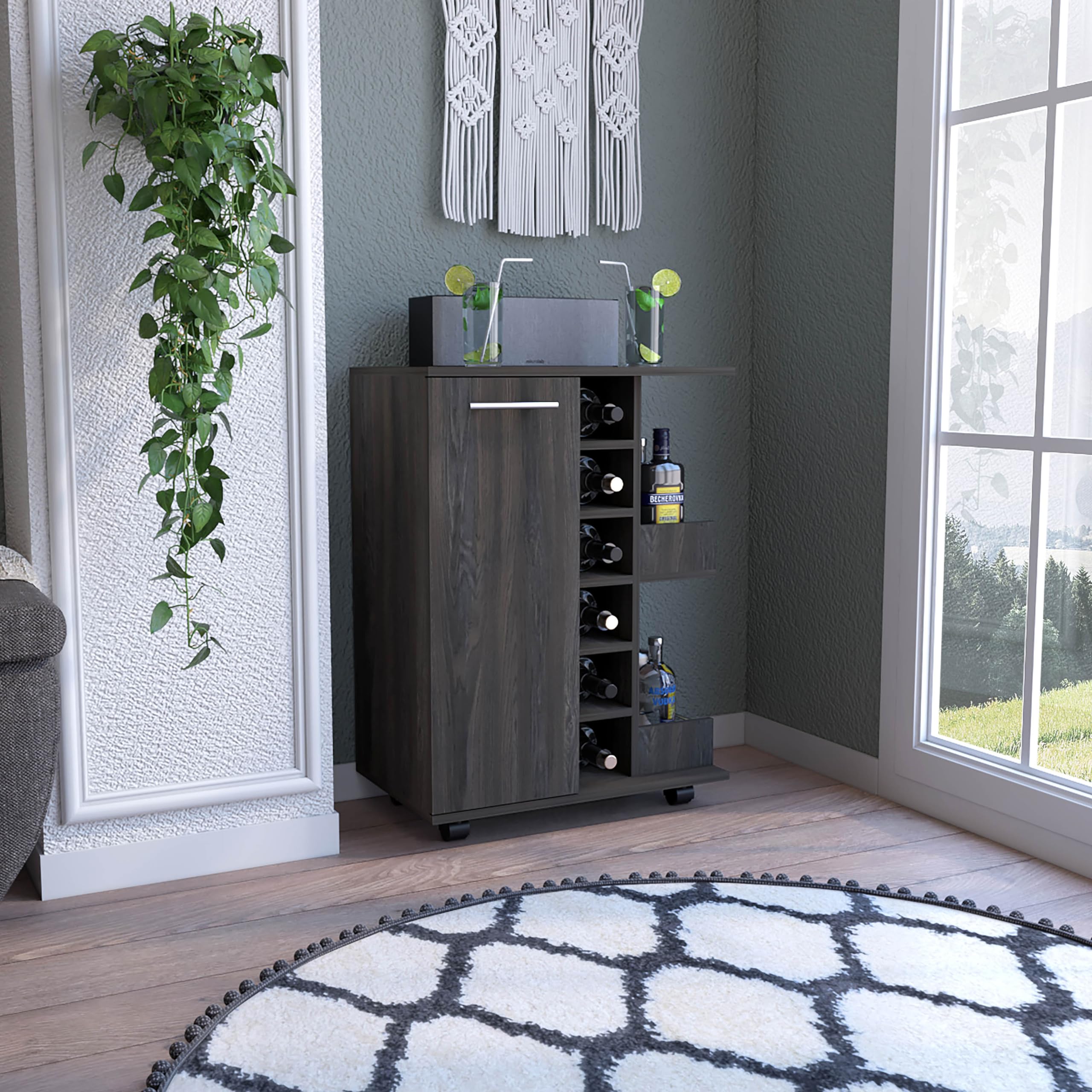 32" Lockable Casters Bar Cabinet, Bistro Cabinets with 6 Liquor Cubbies, Pantry Cabinet with Open Shelves for Home Bar, Espresso