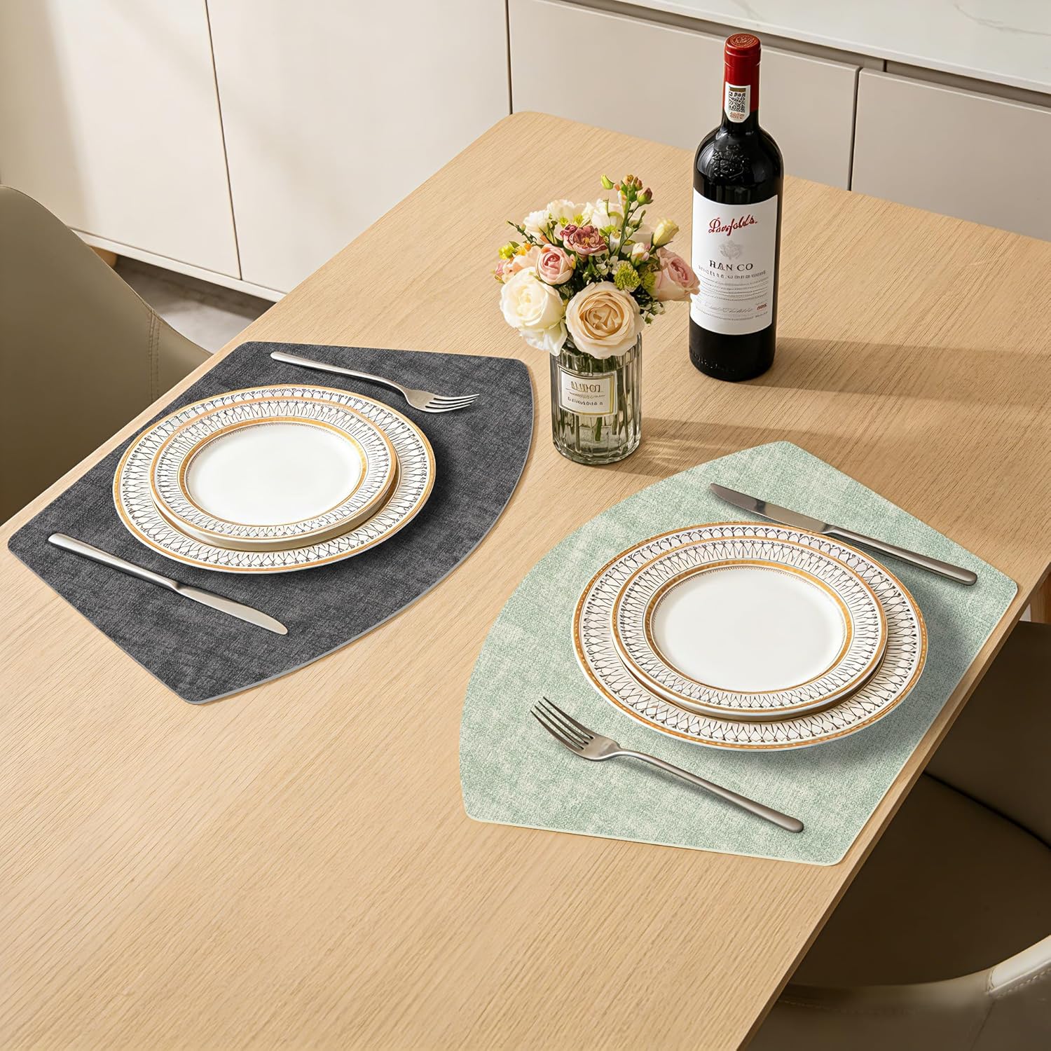 Round Table Placemats Set of 4, Dual-Sided Wedge Shape Faux Leather Table Mats, Washable Wipeable Heat Resistant Place Mats for Outdoor Indoor, Green Gray