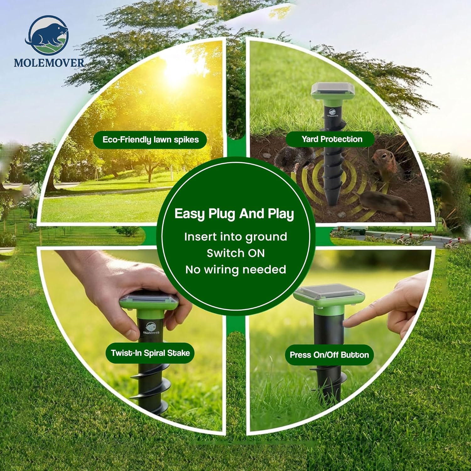 Solar Garden Device – 4 Pack, IP66 Waterproof,Solar Powered, Rechargeable, Covers up to 75 sq. ft., Quick 2-Hour Charge, 8–10 Hours Operation, Lawn & Garden – eco-Friendly Lawn Spikes,