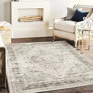 Washable Area Rug 4'x6' Floral Khaki Traditional Floor Cover Foldable Thin Rugs Retro Kitchen Indoor Distressed Non Slip Carpet Floral Print Mat Bedroom Living Room