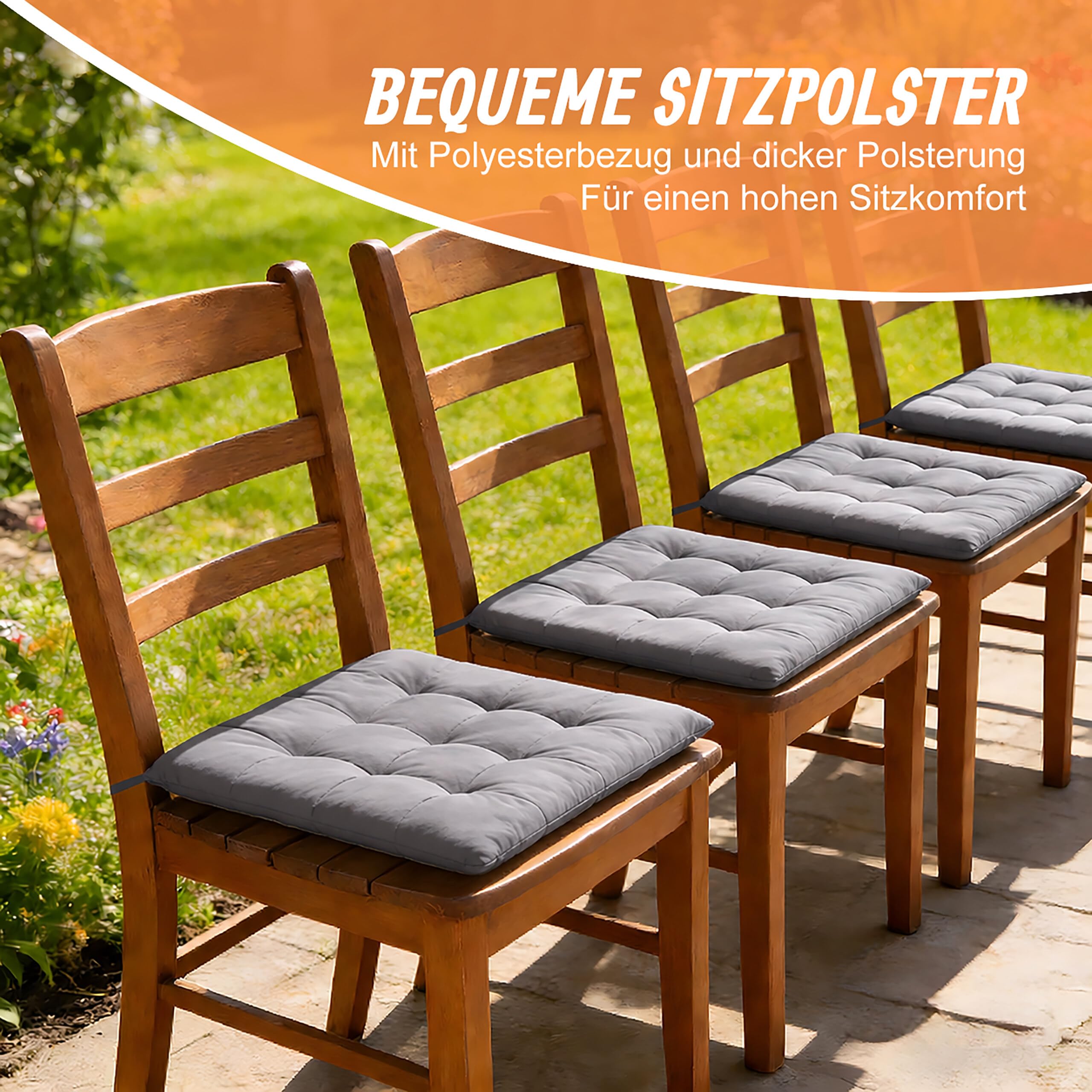 Relaxdays Stuhlkissen, 4er Set, 40x40 cm, Gesteppte Sitzpolster mit Bändern, Indoor & Outdoor, Polyesterbezug, Farbwahl