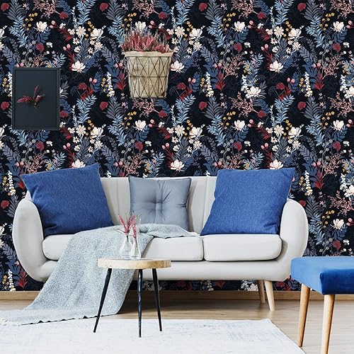 Miniatura 3 de VEELIKE Papel tapiz botánico negro para despegar y pegar, papel tapiz floral negro para dormitorio, baño, papel tapiz de 17.7 x 118 pulgadas, papel