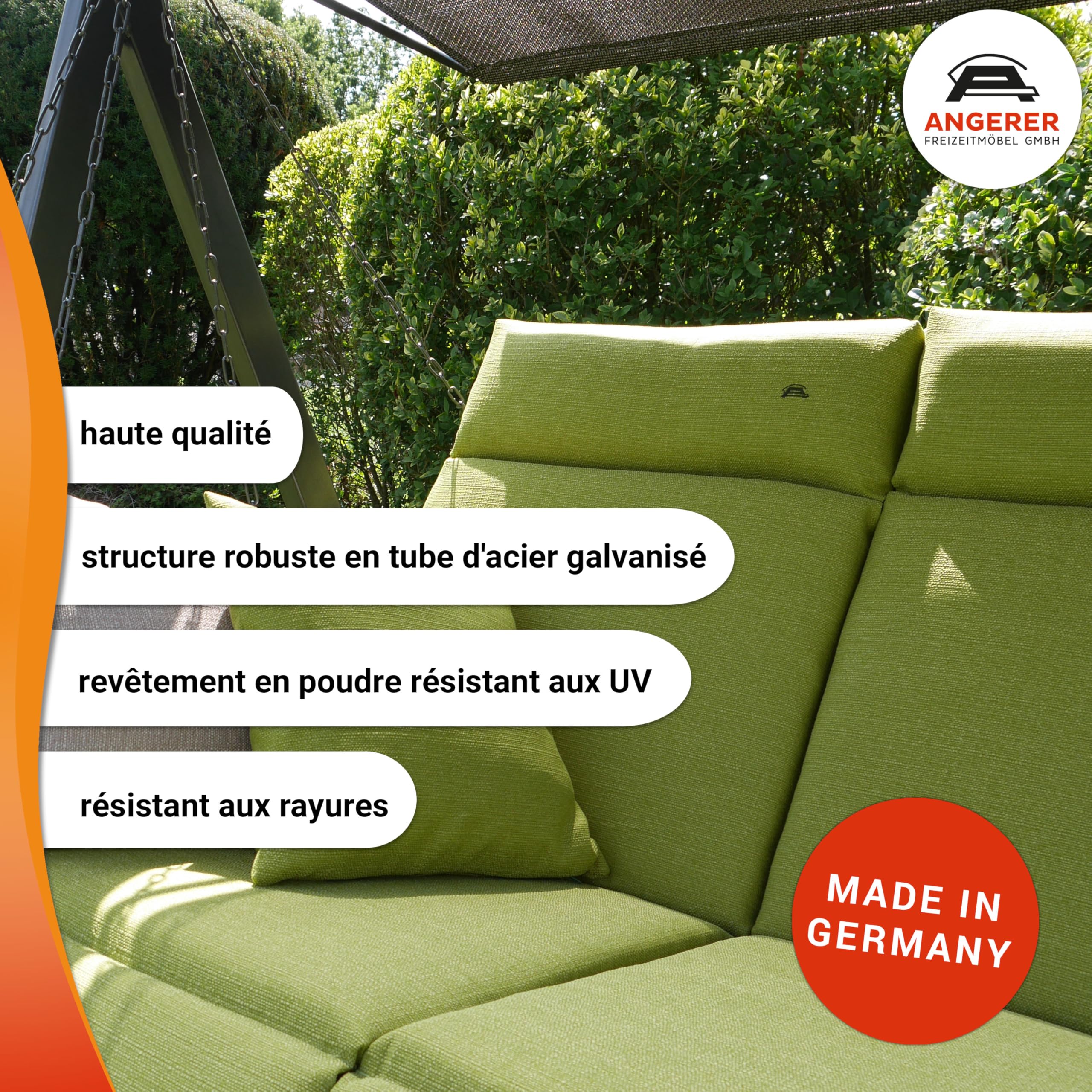 Angerer Balancelle de Jardin Lounge Smart, 3 Places, Structure en Acier Galvanisé, Tissu Textilène, avec Toit Pare-Soleil, Coussins Lavables, Fabriqué en Allemagne (Vert Clair)