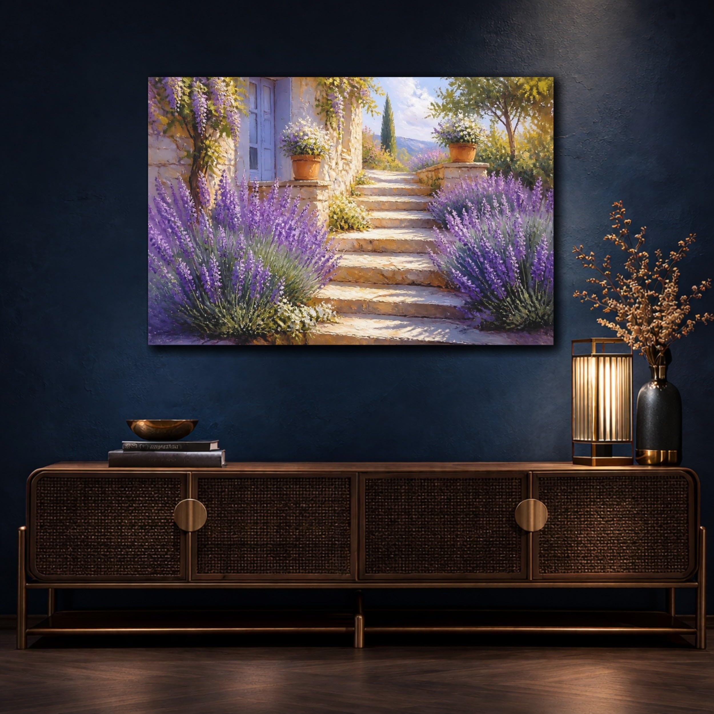 Sunlit Lavender Steps Canvas Print – Living Room, Above Fireplace, Purple & Warm Beige 18×12 inch (45×30 cm) - Horizontal / 1.25 inch (3 cm)